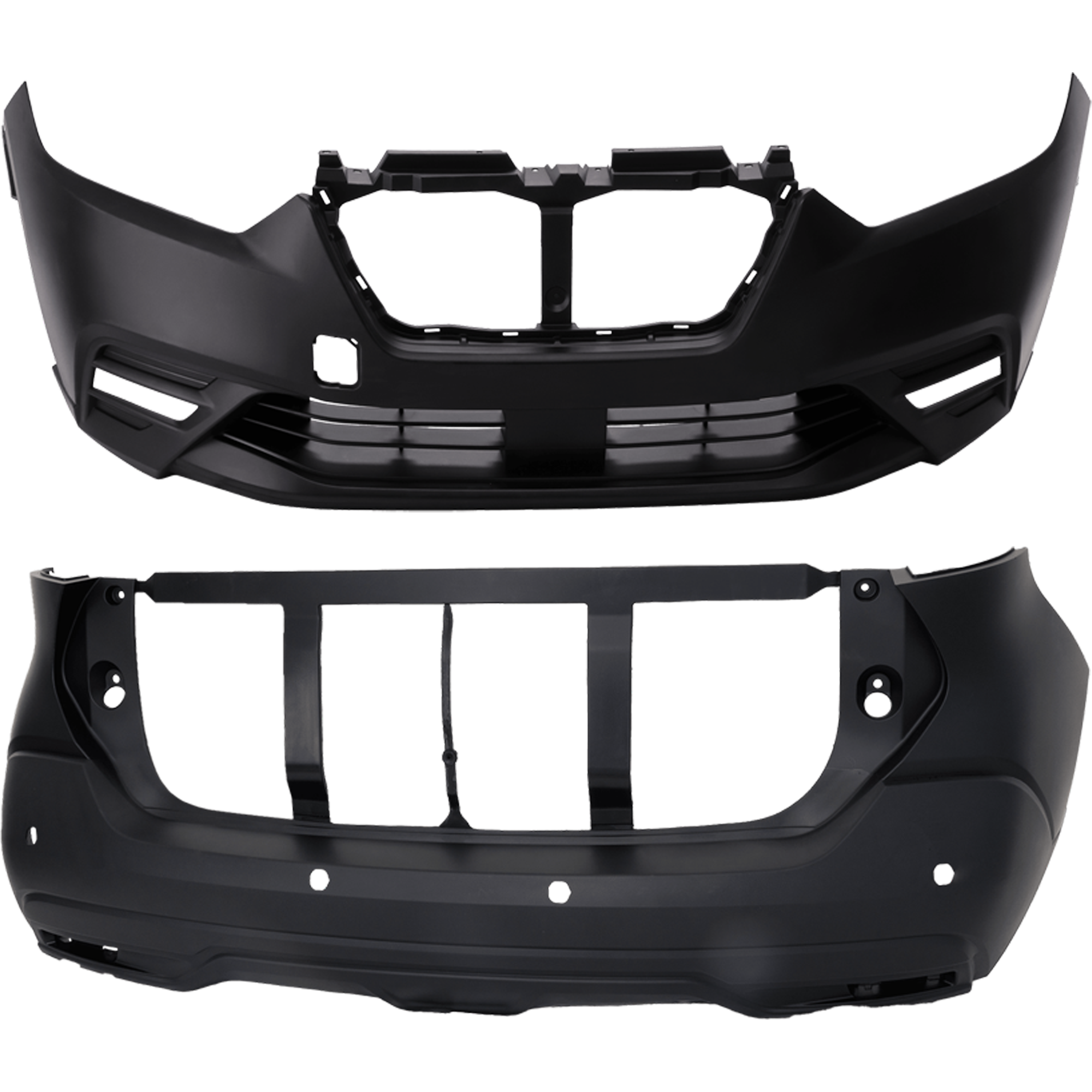 AM KICKS 20-20 FRONT AND REAR BUMPER COVER Primed w 4 Sensor Hole CAPA SKU SET RN01030052PQ Partslink NI1000339C NI1100339C OEM 620225RW0J 850225RW0J