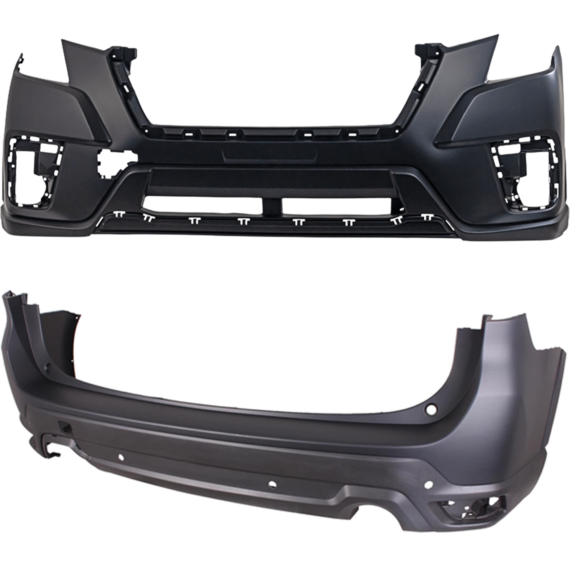 AM FORESTER 22-23 FRONT AND REAR BUMPER COVER Primed Base Convenience Limited Premium Models w Object Sensor Holes CAPA SKU SET RS01030023PQ Partslink SU1000198C SU1100193C OEM 57704SJ021-57792SJ30A 57702SJ3