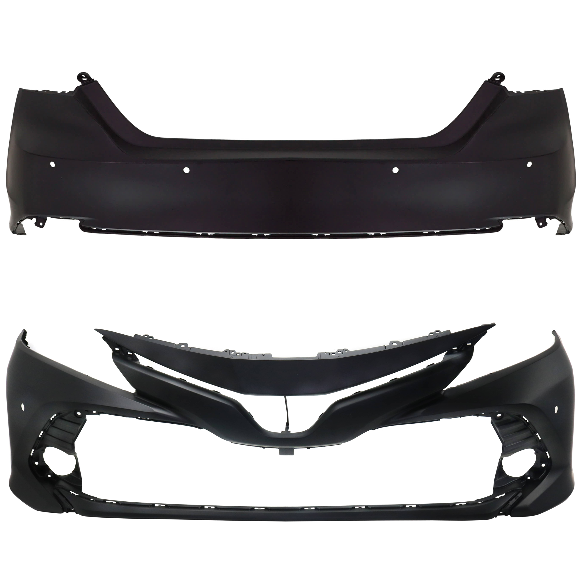 AM CAMRY 18-20 FRONT AND REAR BUMPER COVER Primed w Parking Aid Sensor Holes CAPA SKU SET RT01030015PQ Partslink TO1000432C TO1100334C OEM 521190X937-521590X914