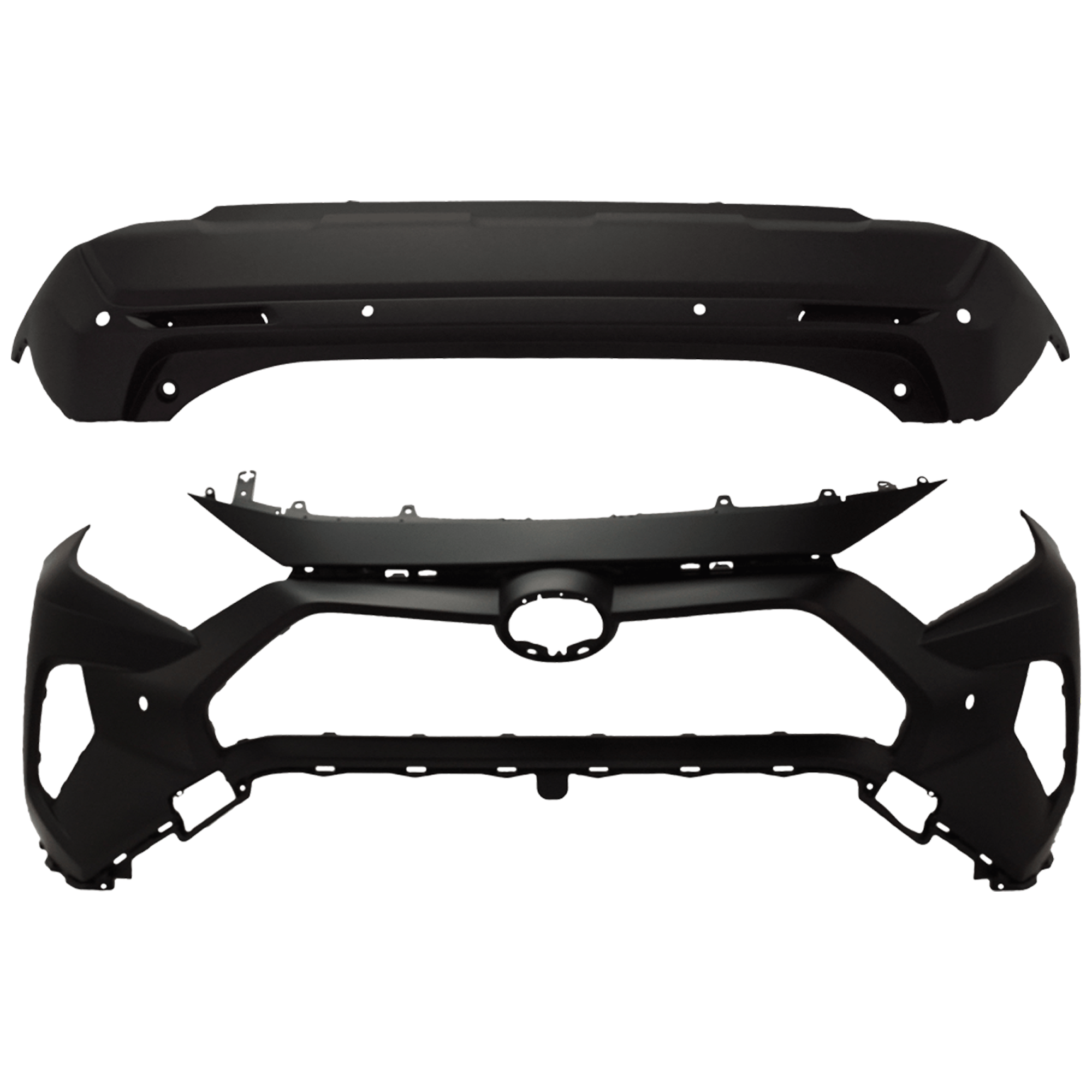 AM RAV4-19-24 FRONT AND REAR BUMPER COVER Front Primed Rear Textured LE XLE Hybrid LE Hybrid XLE Hybrid XLE Premium XLE Premium Models Japan Built Vehicle w parking aid sensor holes SKU SET RT01030047P B