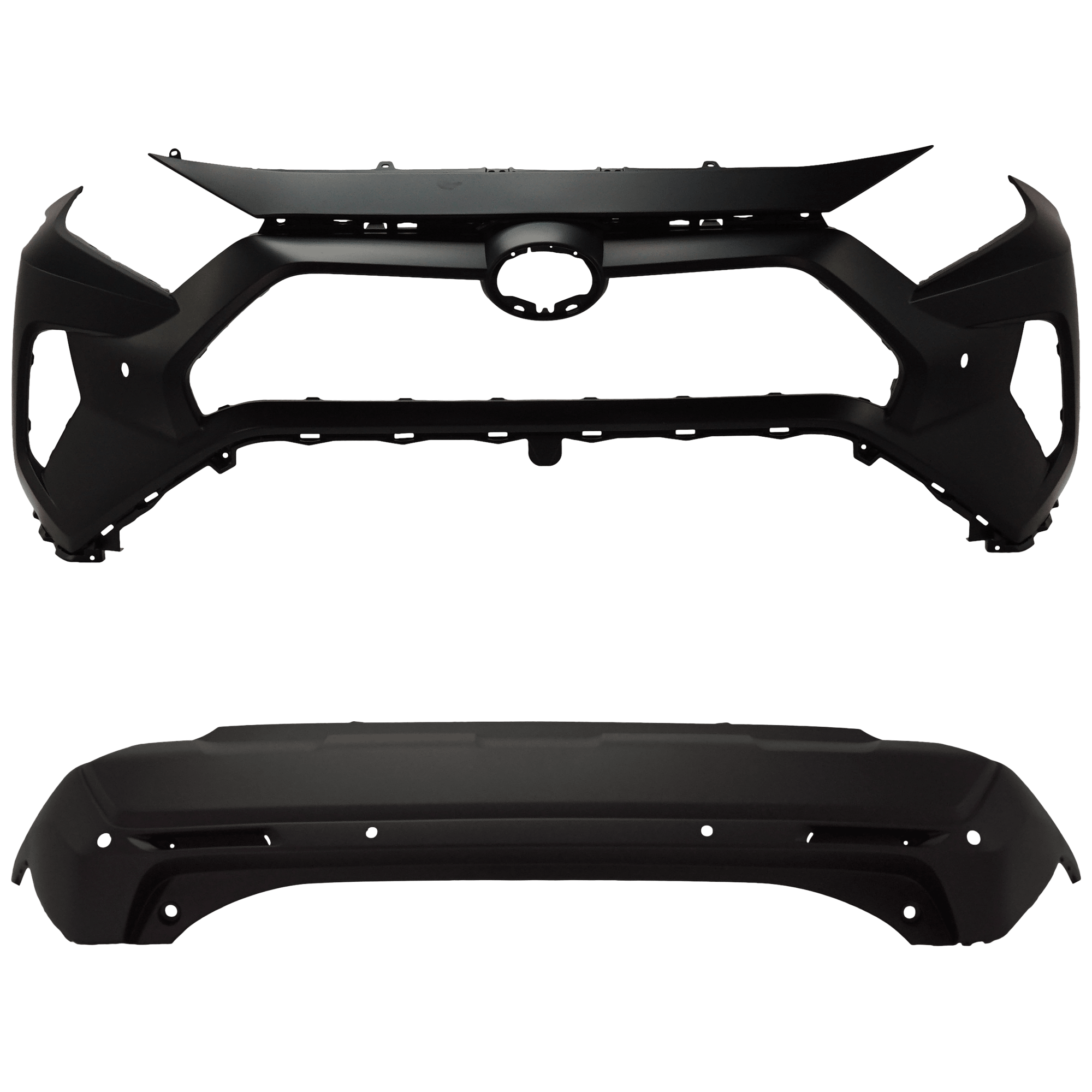 AM RAV4-19-24 FRONT AND REAR BUMPER COVER Front Primed Rear Textured LE XLE Hybrid LE Hybrid XLE Hybrid XLE Premium XLE Premium Models North America Built Vehicle w parking aid sensor holes SKU SET RT01030049P B