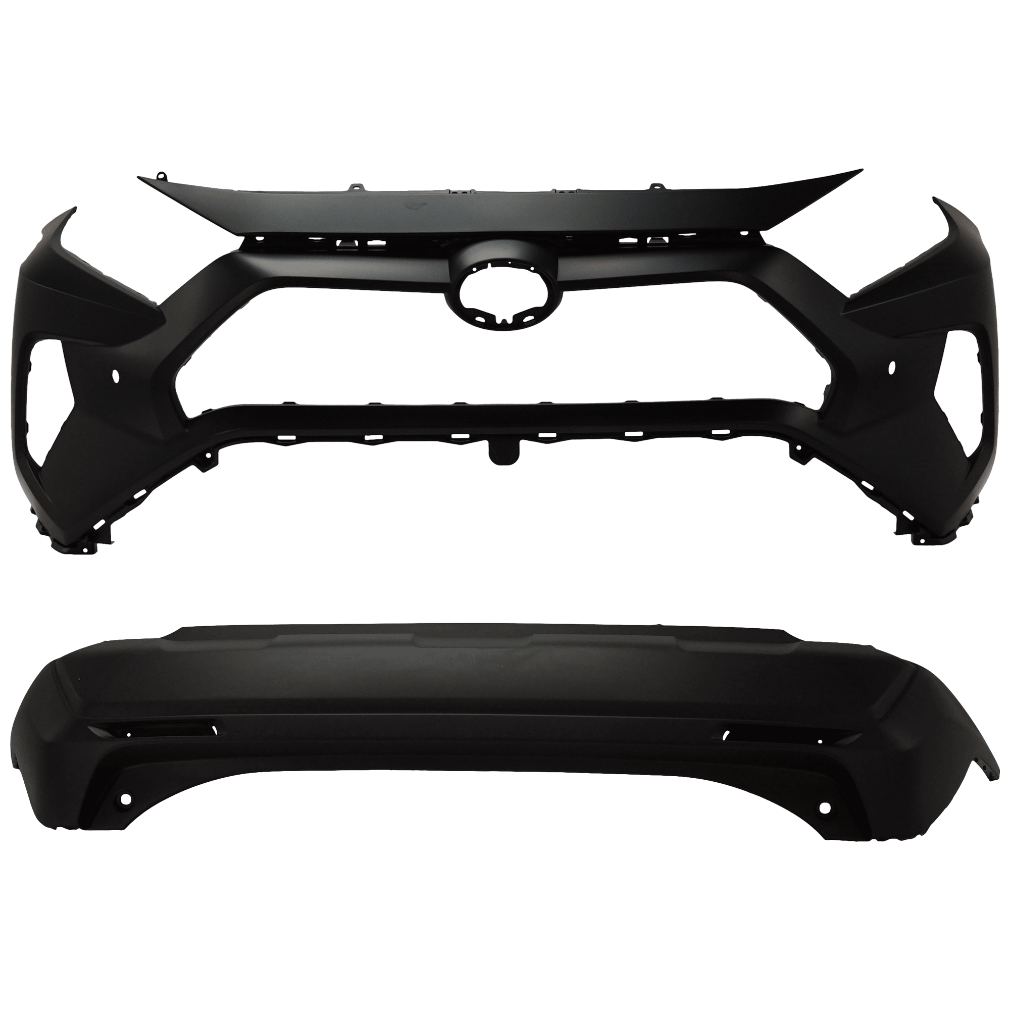 AM RAV4-19-24 FRONT AND REAR BUMPER COVER Front Primed Rear Textured LE XLE Hybrid LE Hybrid XLE Hybrid XLE Premium XLE Premium Models North America Built Vehicle Front w parking aid sensor h SKU SET RT01030049P C