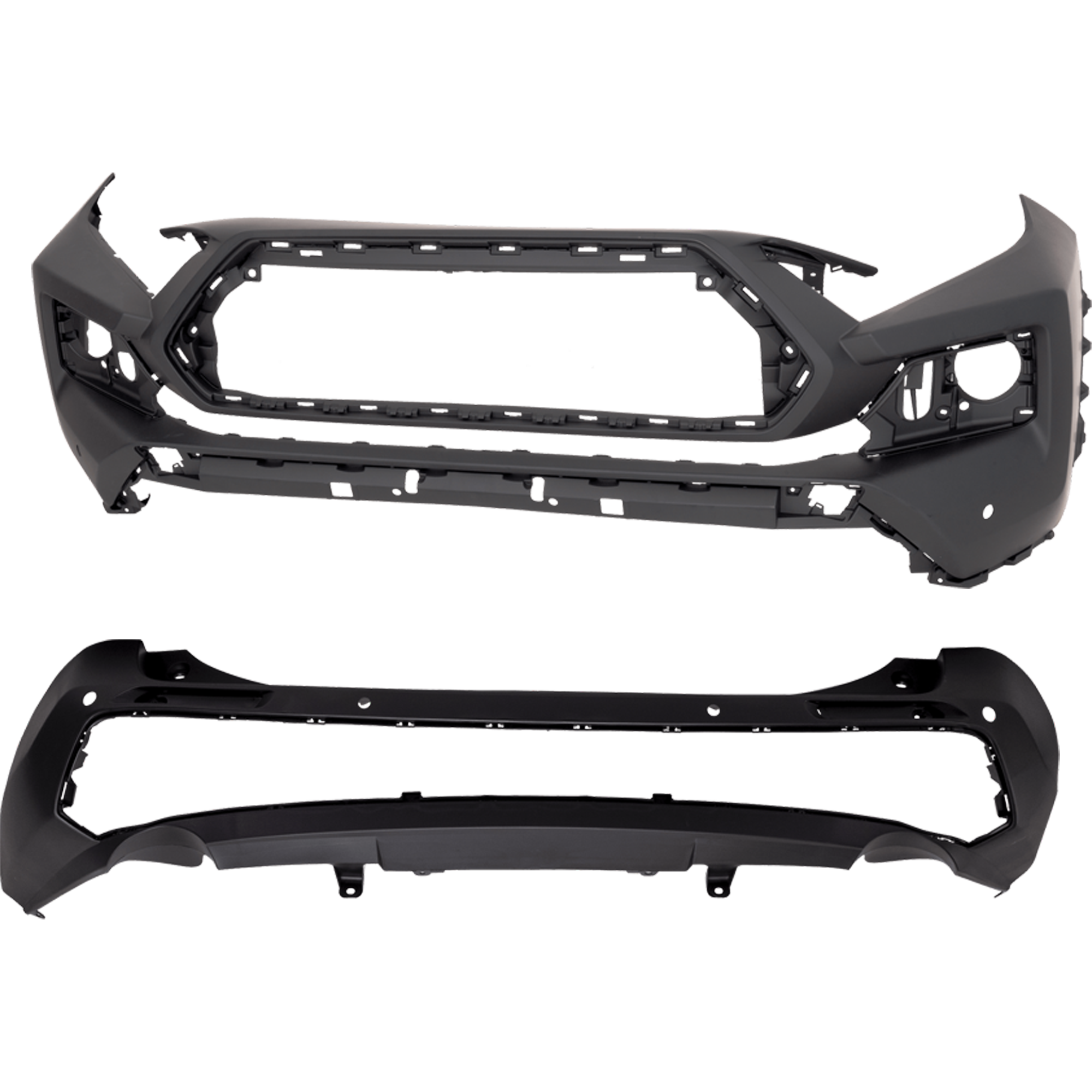 AM RAV4-19-24 FRONT AND REAR BUMPER COVER Front Primed Rear Textured Adventure Trail TRD Off Road Models Japan Built Vehicle w Parking Aid Sensor Holes SKU SET RT01030065P A