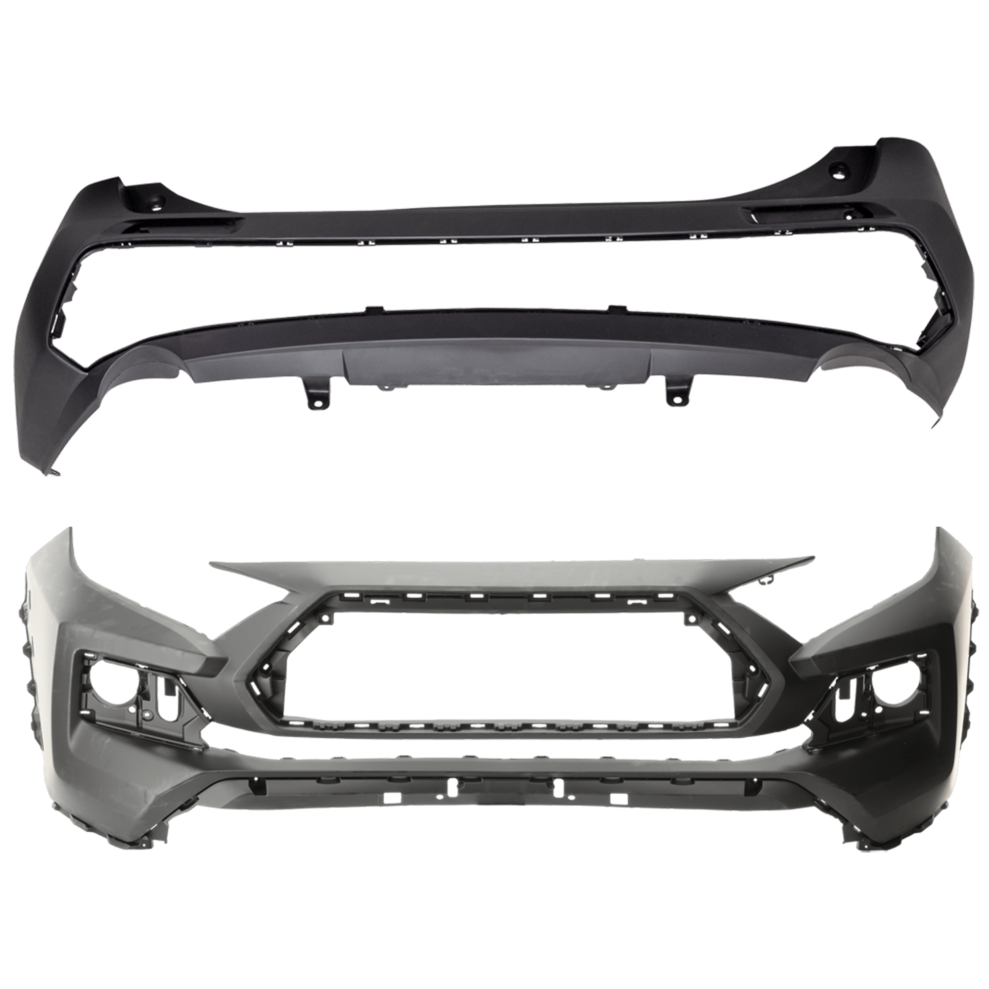 AM RAV4-19-24 FRONT AND REAR BUMPER COVER Front Primed Rear Textured Adventure Trail TRD Off Road Models North America Built Vehicle w o Parking Aid Sensor Holes CAPA SKU SET RT01030066PQ B Partslink TO1000453C TO1100348C OEM 521190R942-521190R921-521590R1