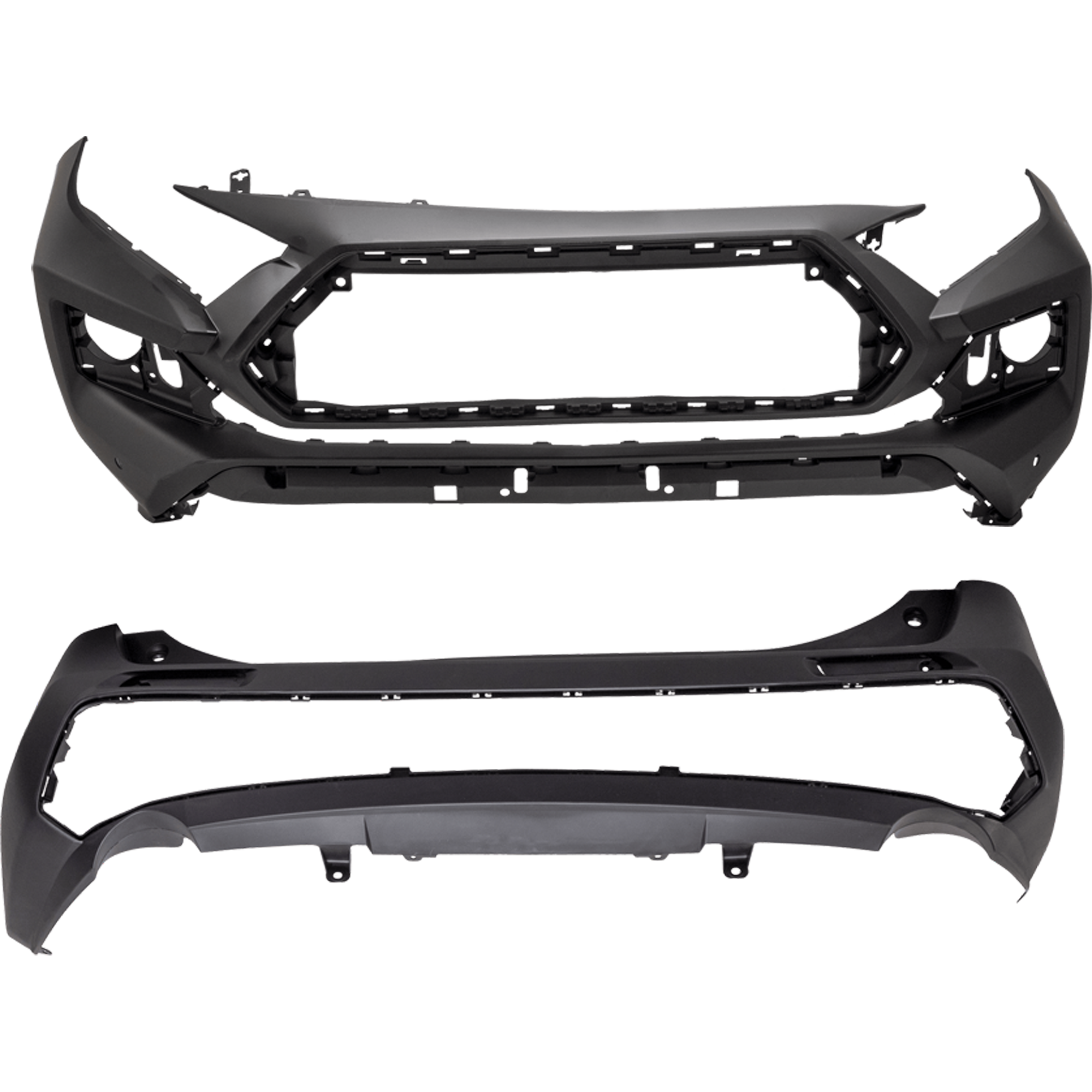 AM RAV4-19-24 FRONT AND REAR BUMPER COVER Front Primed Rear Textured Adventure Trail TRD Off Road Models North America Built Vehicle Front w Parking Aid Sensor Holes Rear w o Parking Aid S SKU SET RT01030067P B
