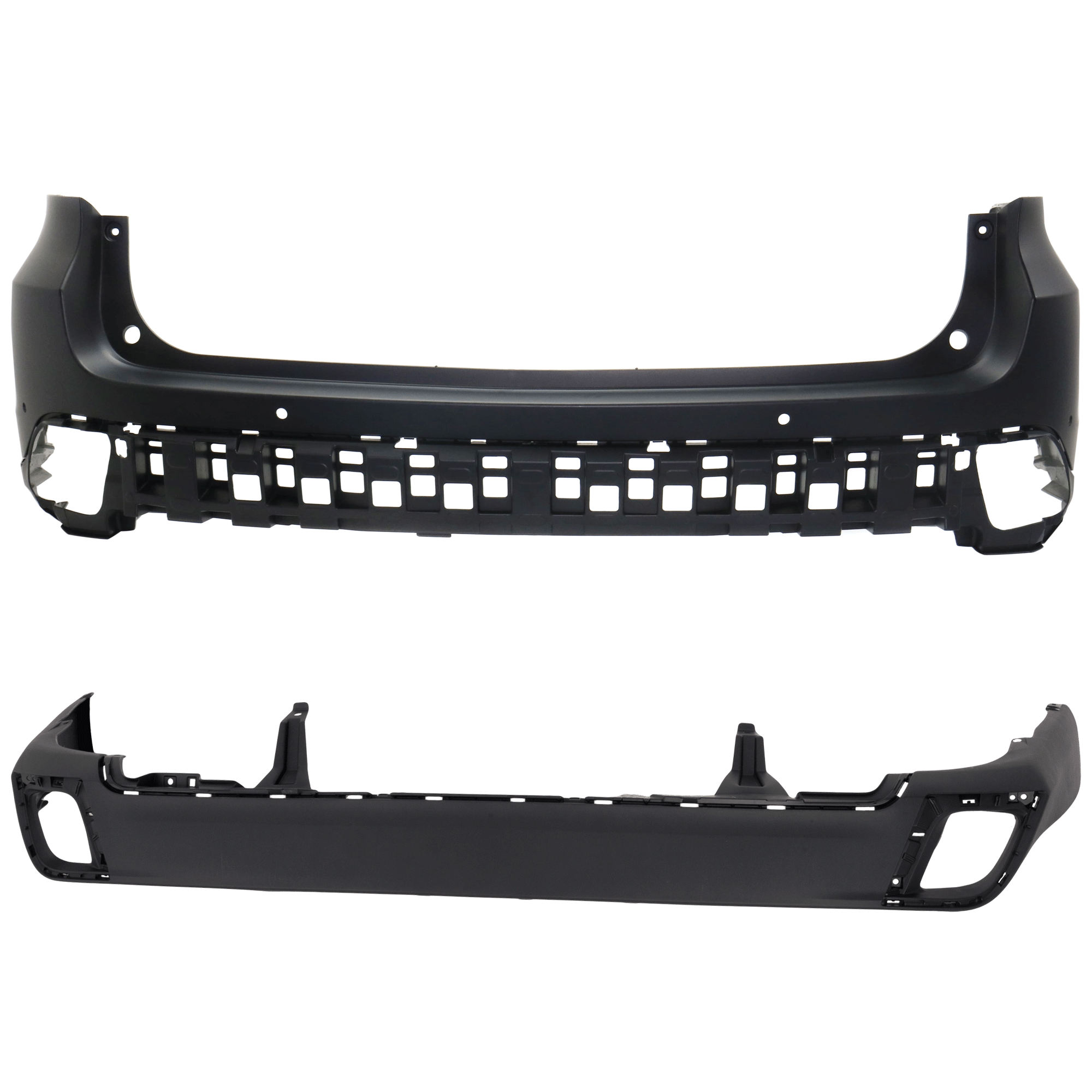 AM HIGHLANDER 17-19 REAR BUMPER COVER Upper and Lower Upper Primed Lower Textured w parking aid sensor holes SKU SET RT76010014P