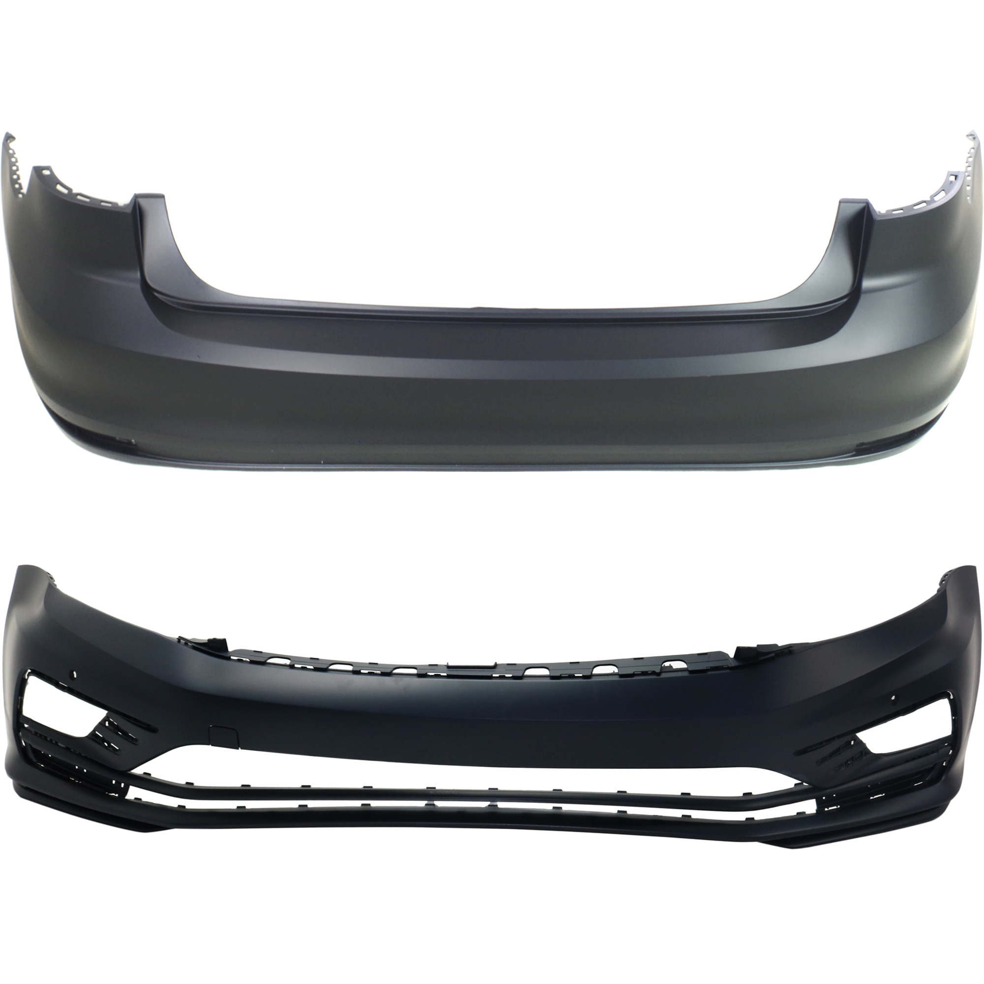 AM JETTA 18-18 FRONT AND REAR BUMPER COVER Primed Front w parking aid sensor holes Rear w o parking aid sensor holes CAPA SKU SET RV01030010PQ Partslink VW1000233C VW1100208C OEM 5C6807217ADGRU 5C6807421HGRU