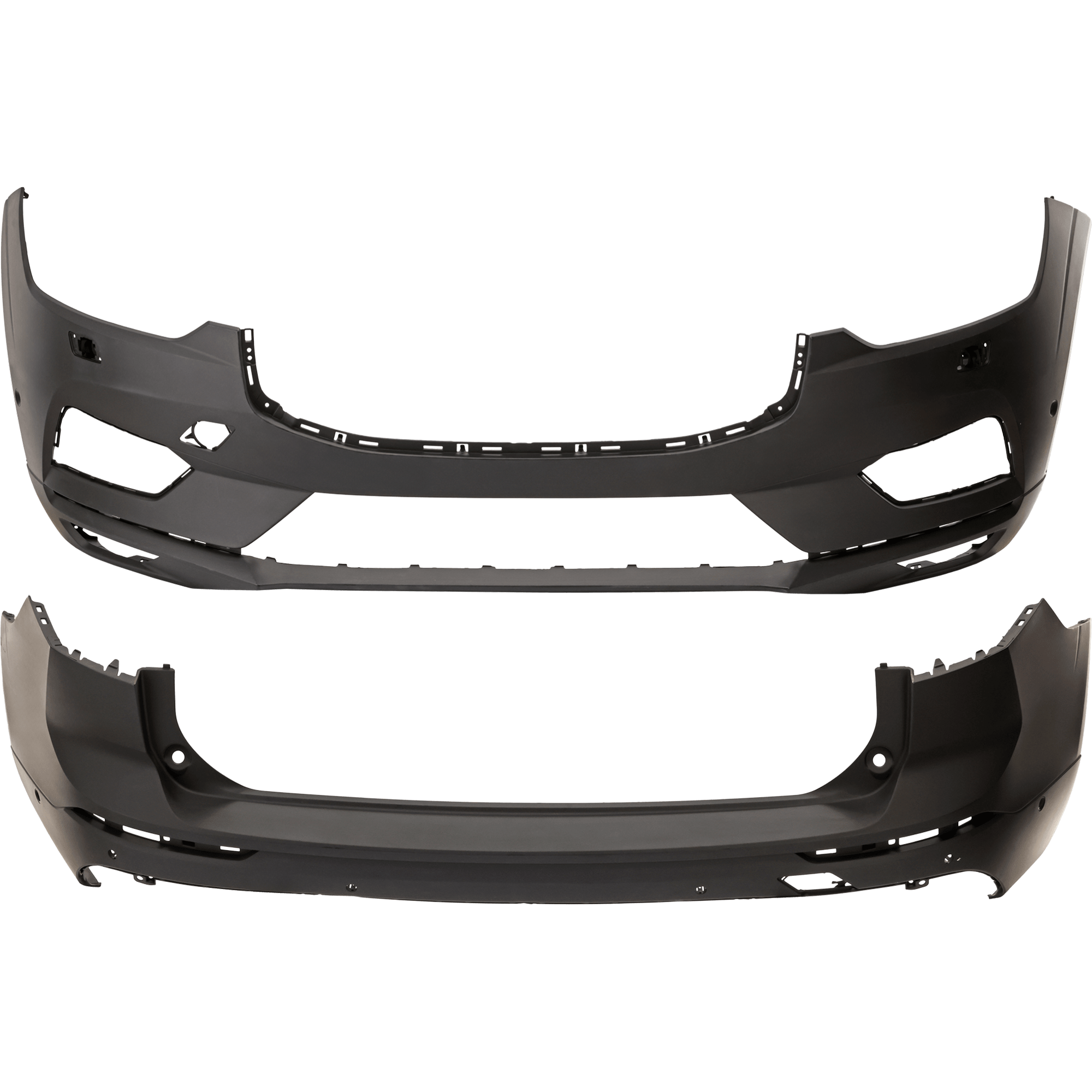 AM XC60-18-19 FRONT AND REAR BUMPER COVER Primed w parking aid sensor holes CAPA SKU SET RV01030019PQ B Partslink VO1000231C VO1100182C OEM 39847121-398471219-39847266-39