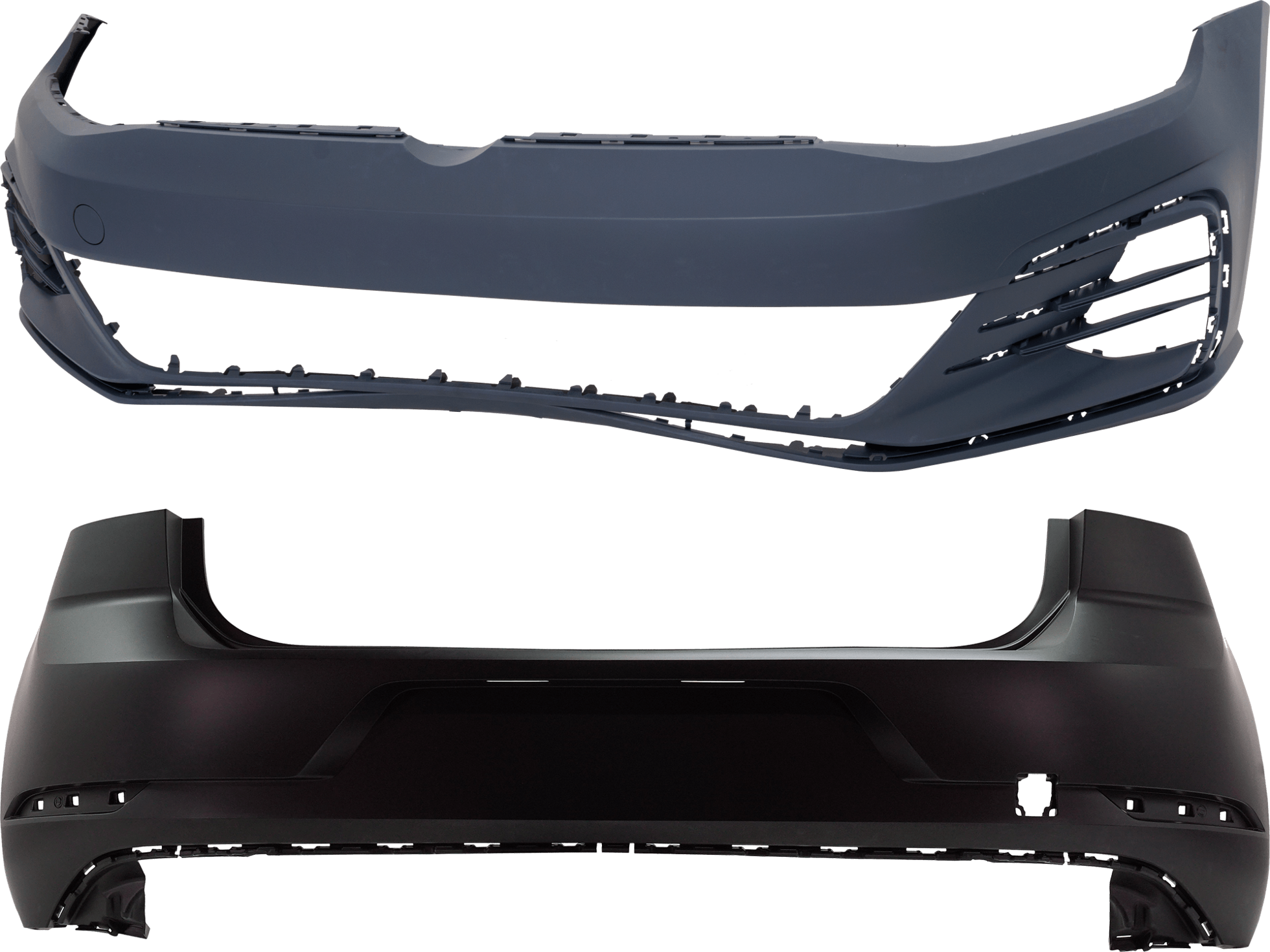 AM GOLF GTI 18-21 FRONT AND REAR BUMPER COVER Primed w o HLW and Park Assist Sensor Holes CAPA SKU SET RV01030050PQ Partslink VW1000240C VW1100218C OEM 5GM807217BPGRU 5GM807417AEGRU
