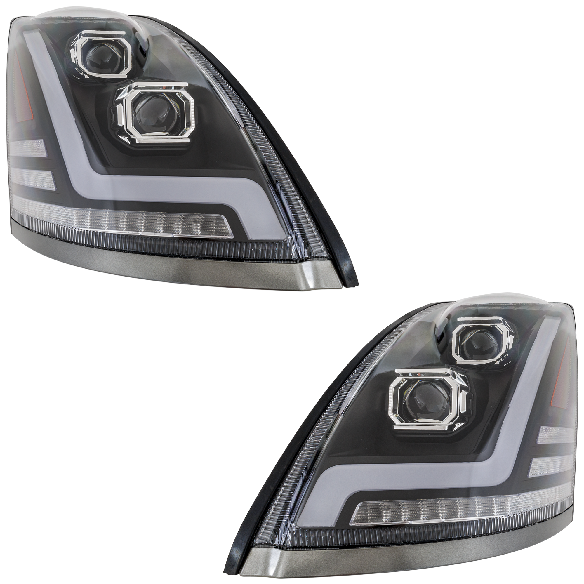 AM VOLVO HD VNL 04-15 HEAD LAMP RH AND LH Assembly LED Black Interior Performance w LED Strip 12V SKU SET RV10010033 HDU OEM 82329124-20817107-20835984-204