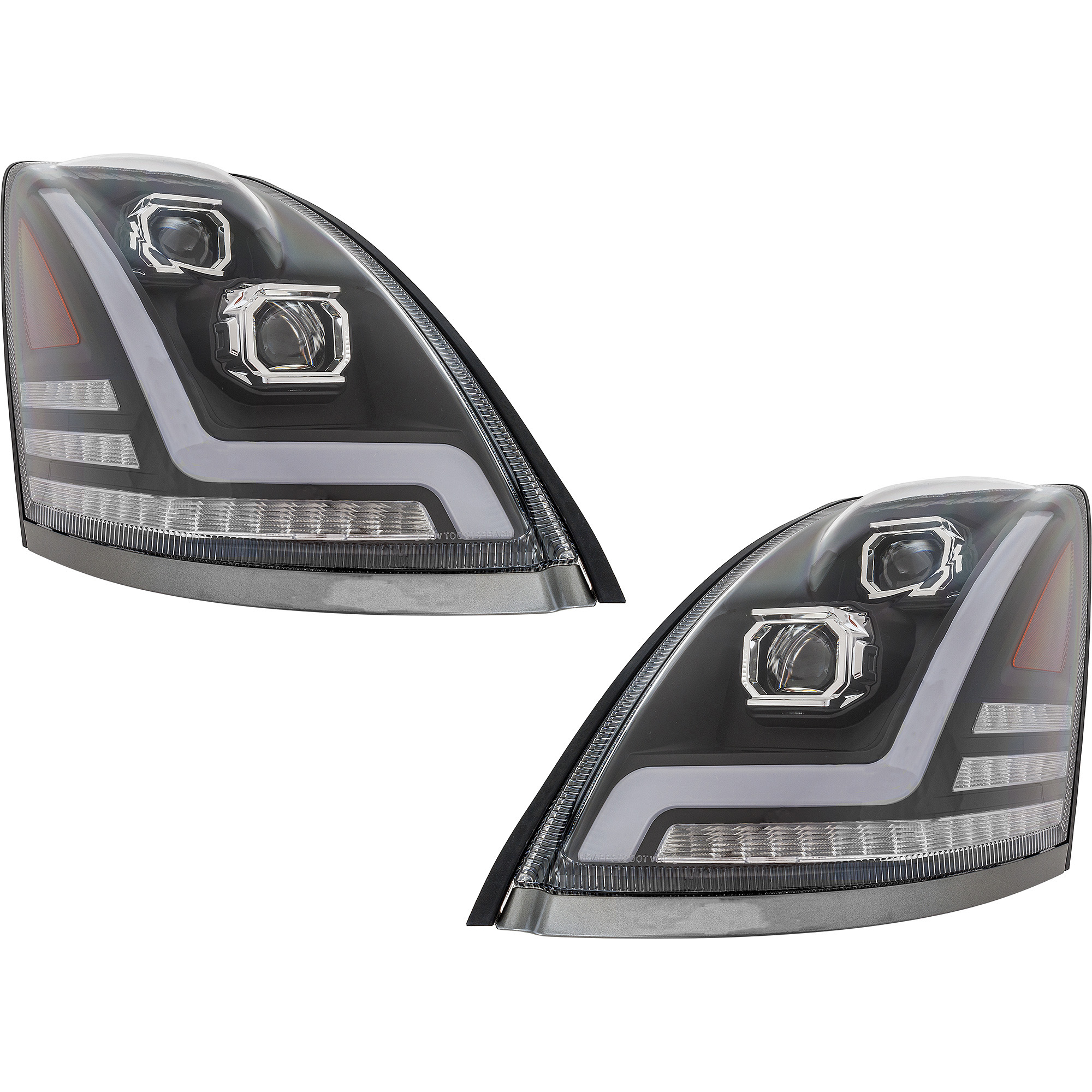 AM VOLVO HD VNL 04-15 HEAD LAMP RH AND LH Assembly Halogen Black Interior Performance w LED Strip 12V SKU SET RV10010051A HD OEM 82329124-20817107-20835984-204