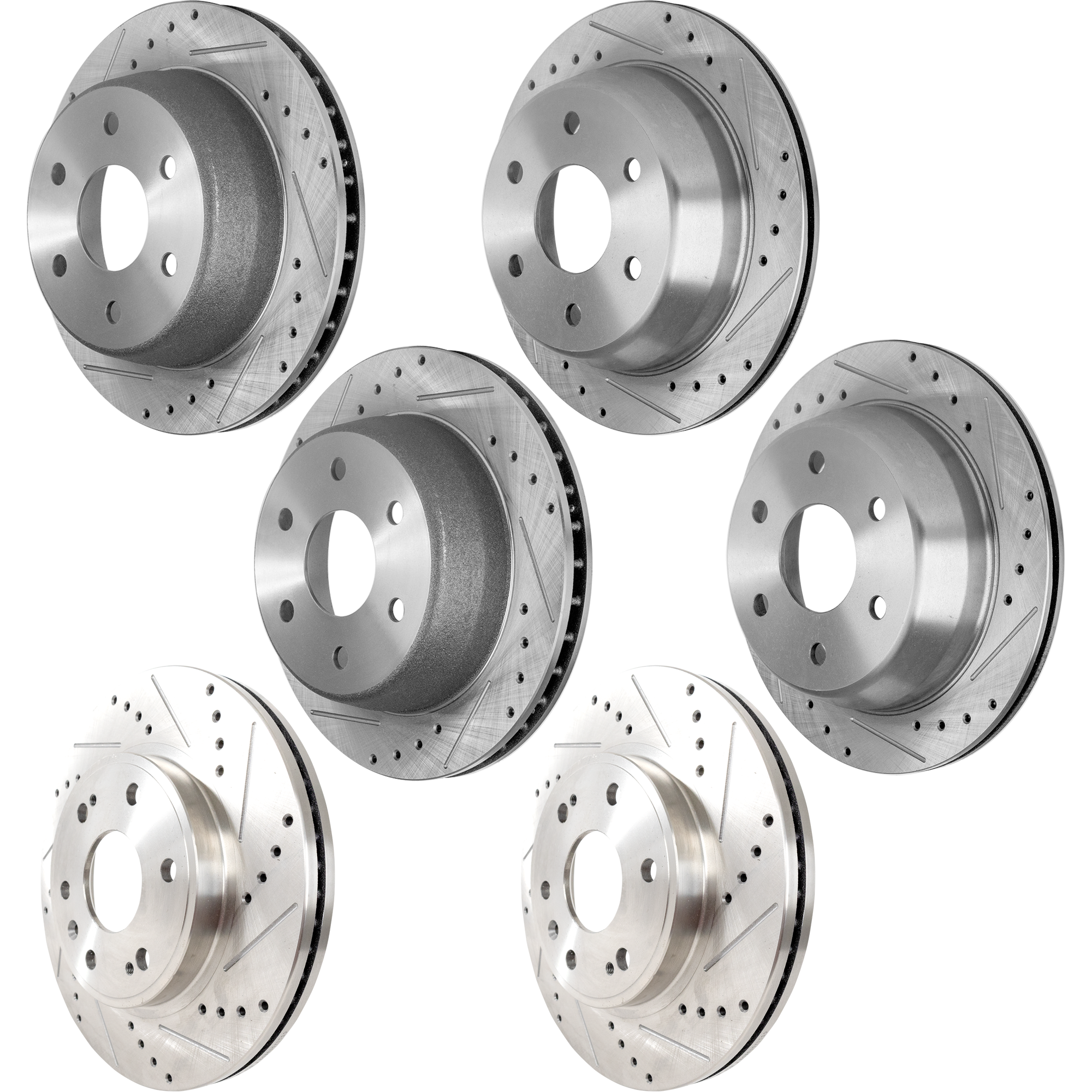 AM SIERRA 1500-01-01 FRONT AND REAR BRAKE DISC Set of 4 Cross drilled and Slotted Vented 6 Lugs SKU SET STPC27110096DRS OEM 19914-55054-56825-101419-14525