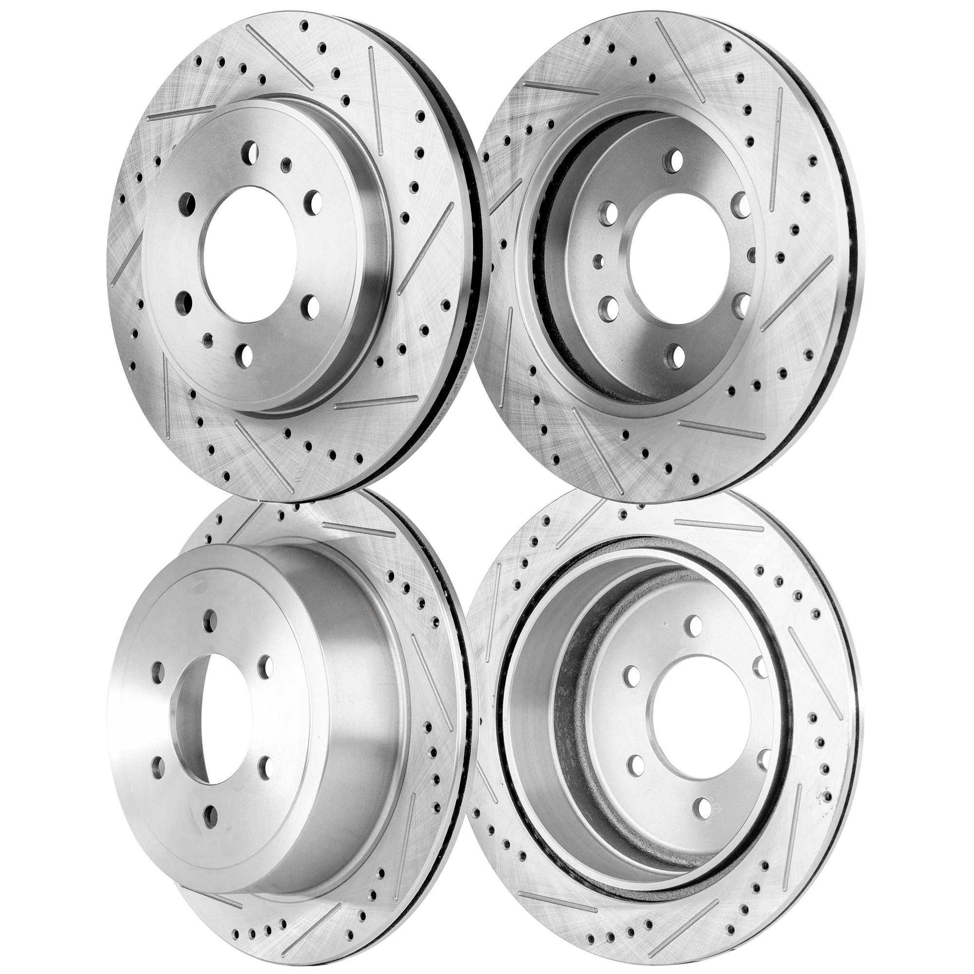 AM F 150-09-09 FRONT AND REAR BRAKE DISC RH AND LH 4 Wheel Set Cross drilled and Slotted SKU SET STPF27110062DRS4 OEM 19347-54111-145521-492535-6801