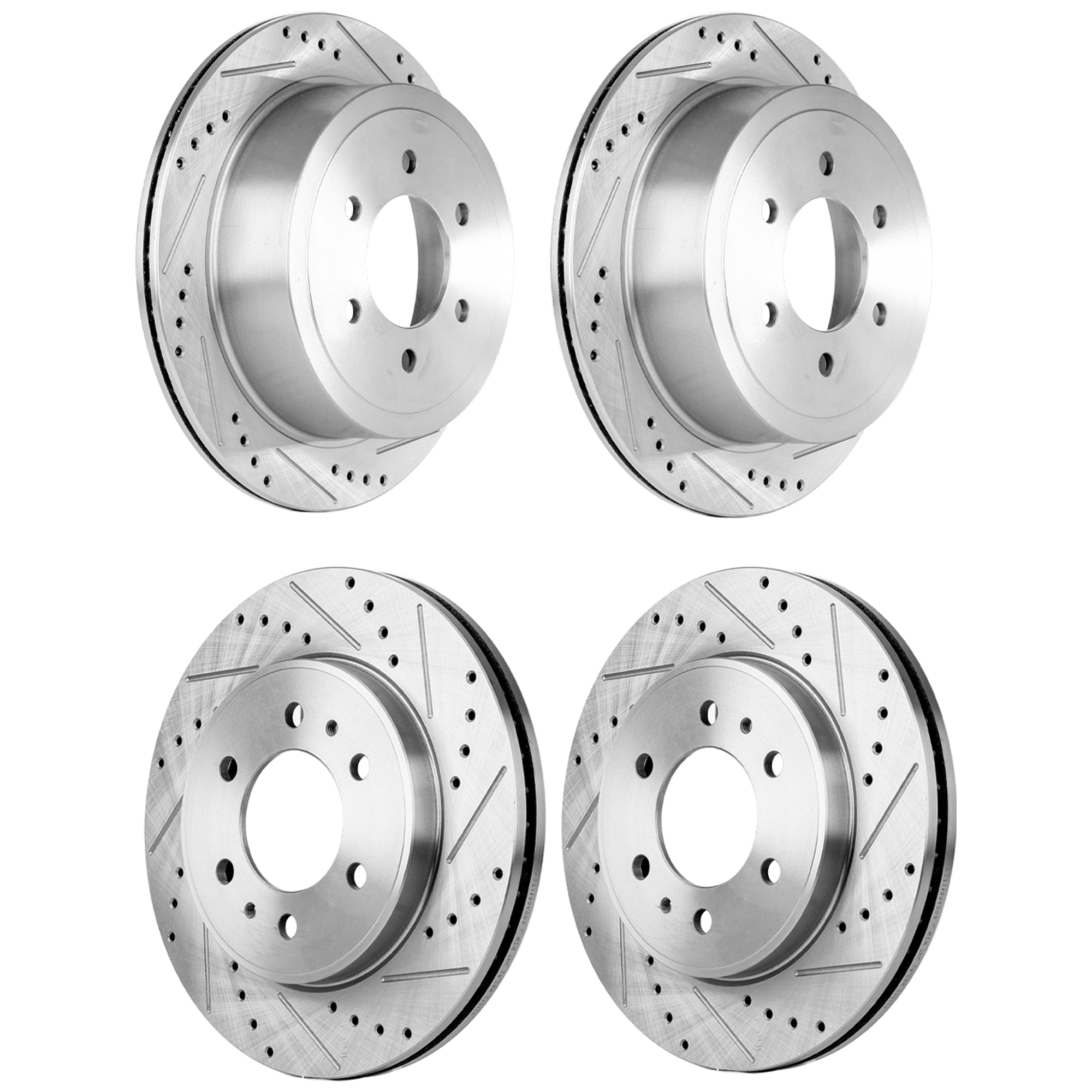 AM F 150-09-09 FRONT AND REAR BRAKE DISC 6 Lug Cross drilled and Slotted Set of 4 SKU SET STPF27110062DRS OEM 19347-54111-145521-492535-6801