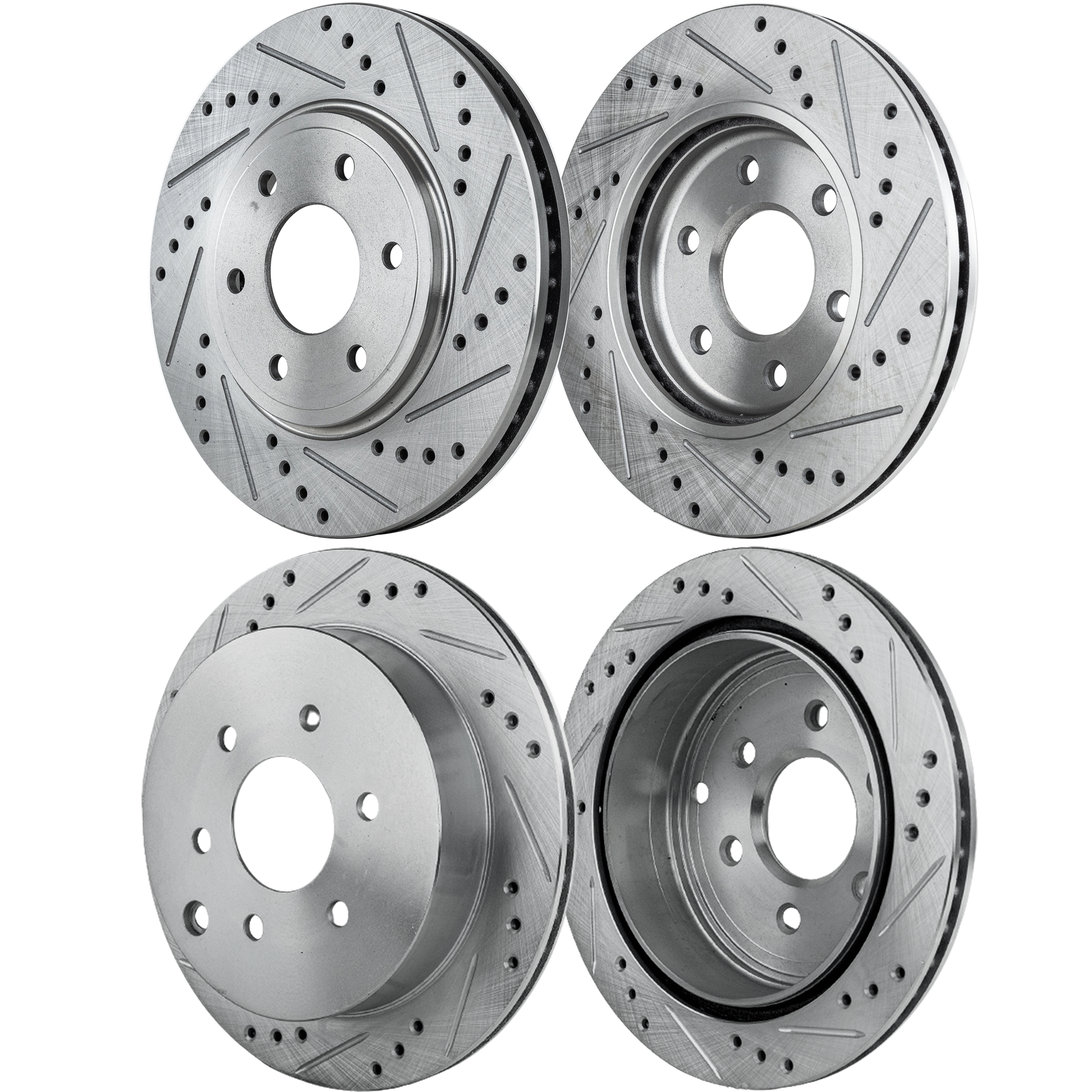 AM EQUATOR 09-12 FRONTIER 05-19 FRONT AND REAR BRAKE DISC RH AND LH 4 Wheel Set Cross drilled and Slotted SKU SET STPN27110019DRS4 OEM 31410-44585-0832977-980368-488