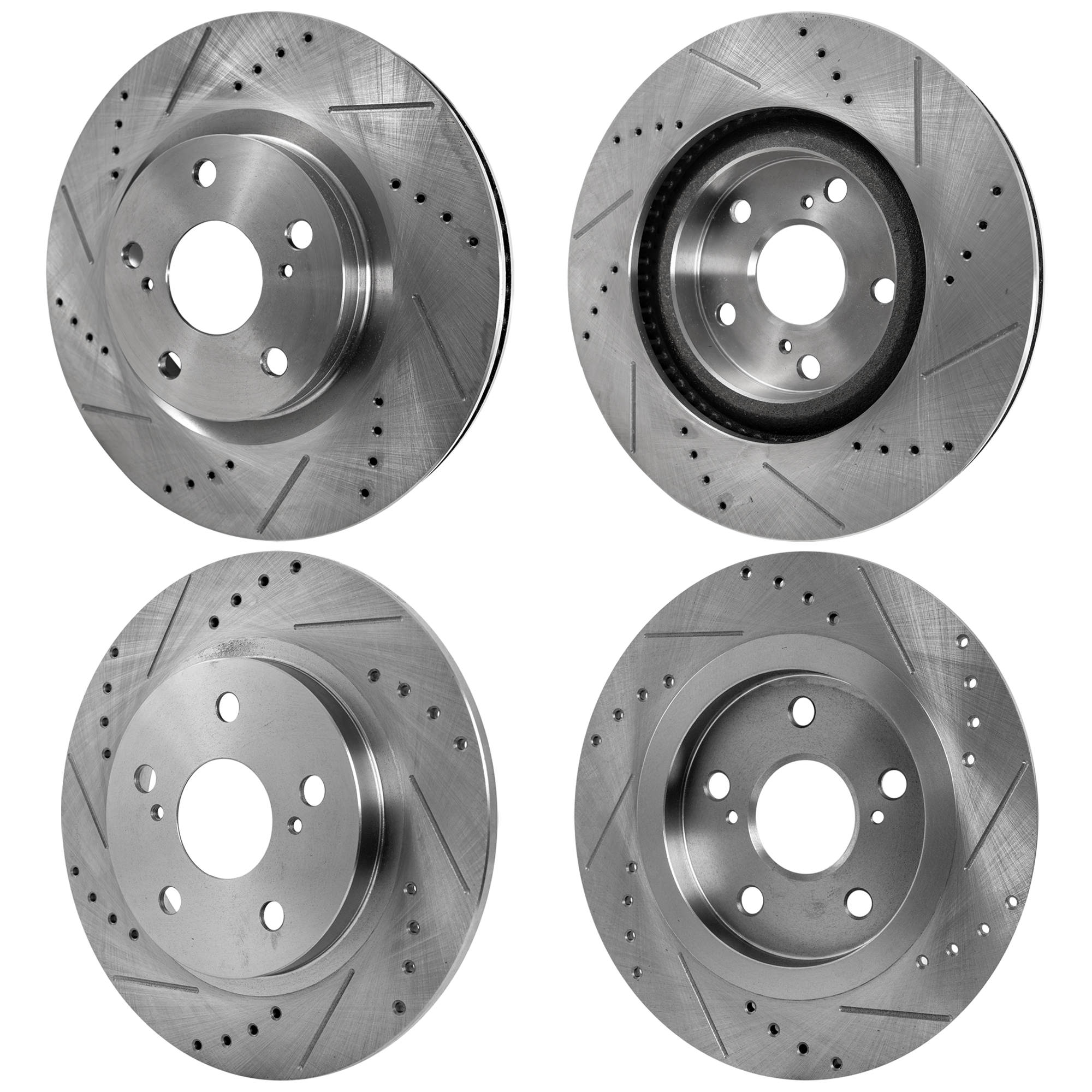AM MATRIX 09-13 VIBE 09-10 FRONT AND REAR BRAKE DISC Cross drilled and Slotted Vented Front Solid Rear 5 Lugs SKU SET STPS27110052DRS4 OEM 31434-31551-44582-44748-145713