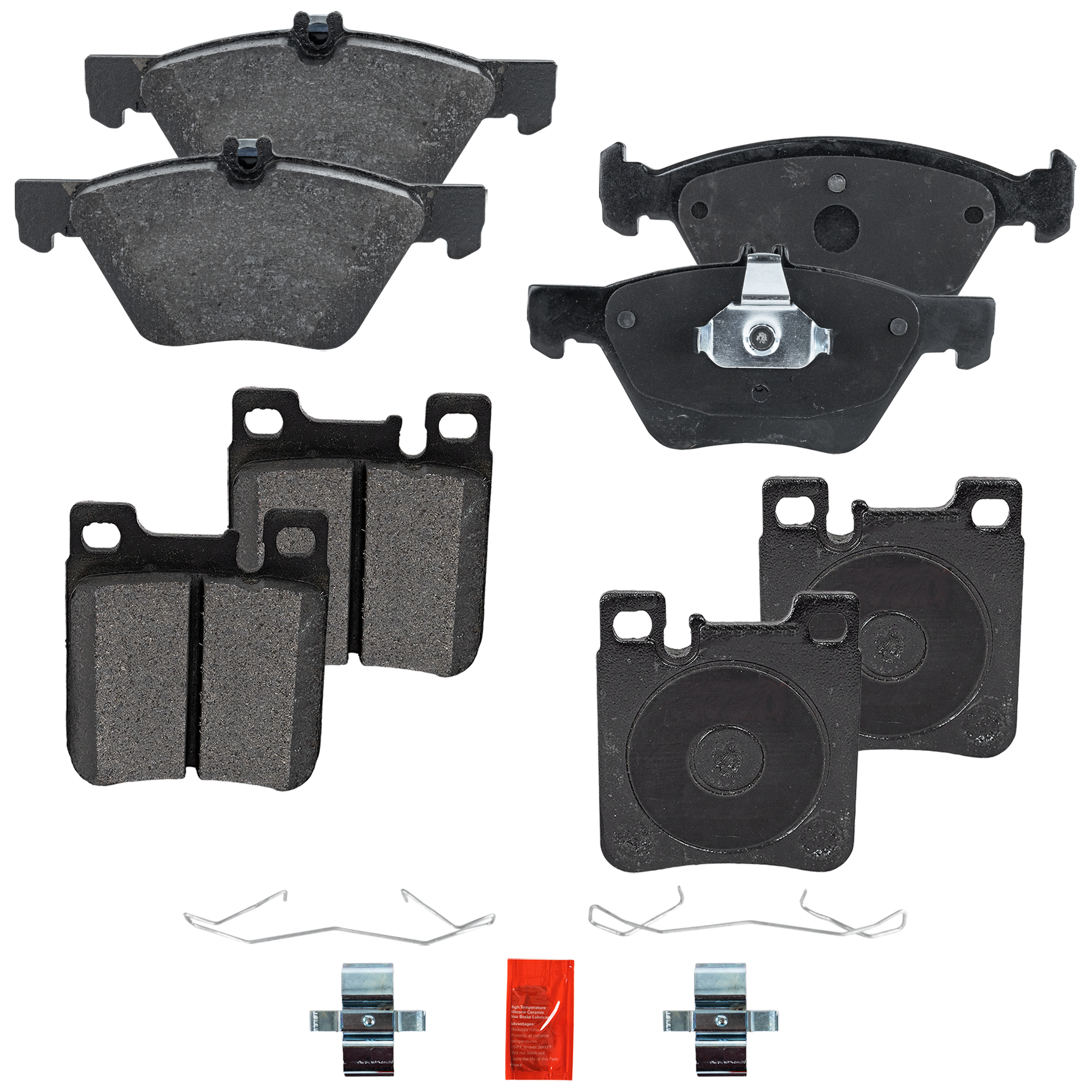 AM E320-98-03 CLK320-98-99 FRONT AND REAR BRAKE PAD SET 4 Wheel Set SKU SET STPSSCP853A OEM 0024200520-0024201620-00242046