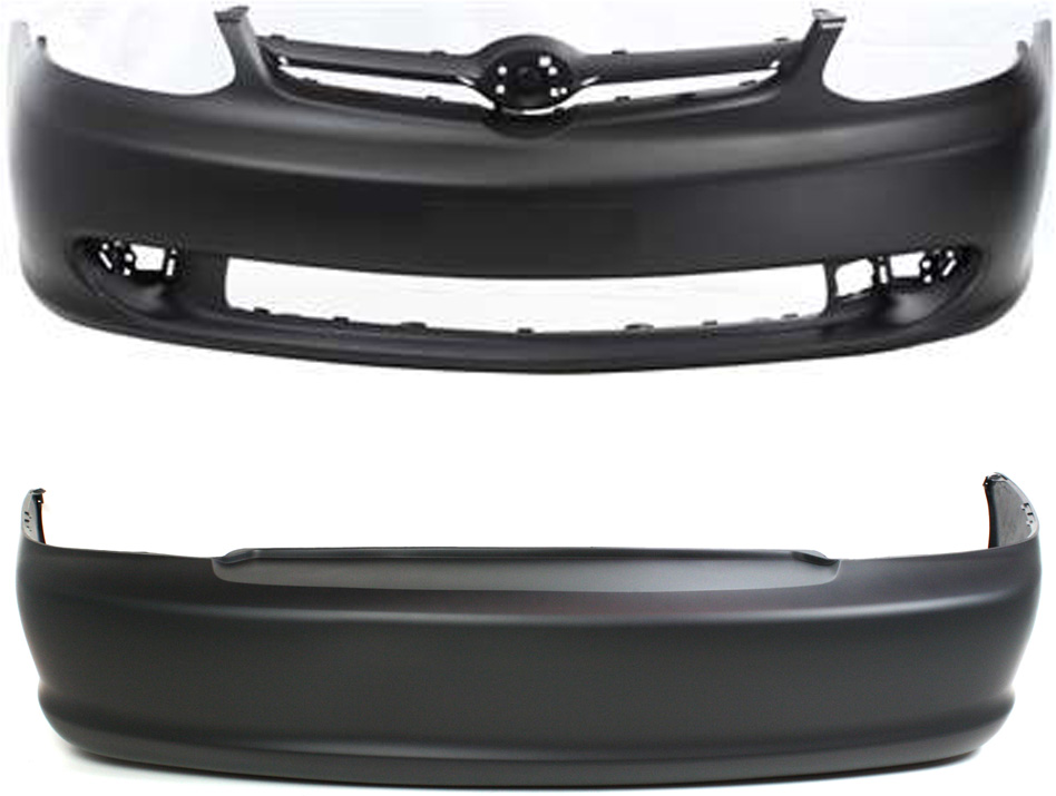 AM ECHO 03-05 FRONT AND REAR BUMPER COVER Primed w o Spoiler Holes Sedan SKU SET T010324P 2 Partslink TO1000253 TO1100212 OEM 5211952220-5215952340