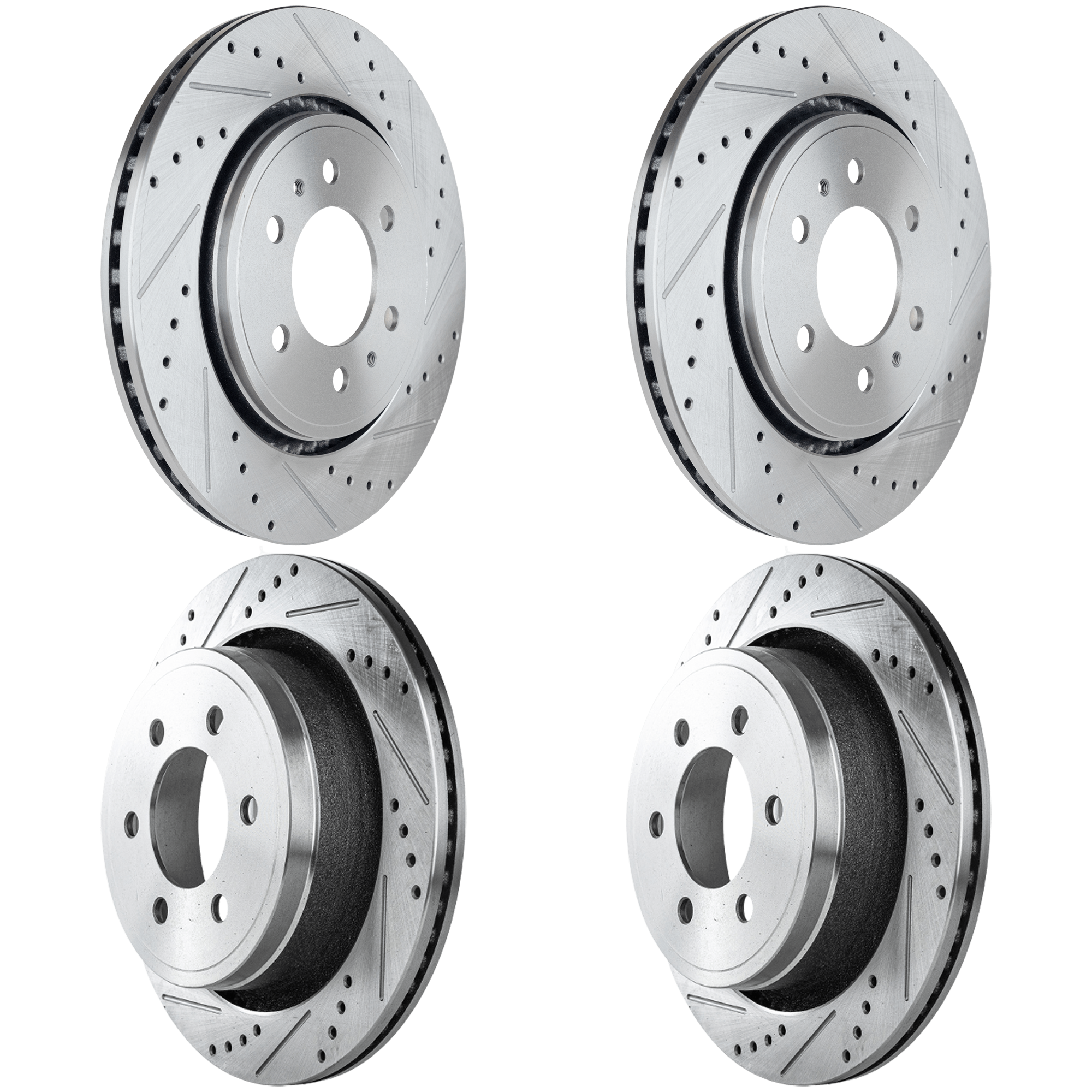 AM F 150-12-20 FRONT AND REAR BRAKE DISC RH AND LH 4 Wheel Set Cross drilled and Slotted SKU SETJF27110040DRS4C OEM 42251-54153-60410-900368-90084