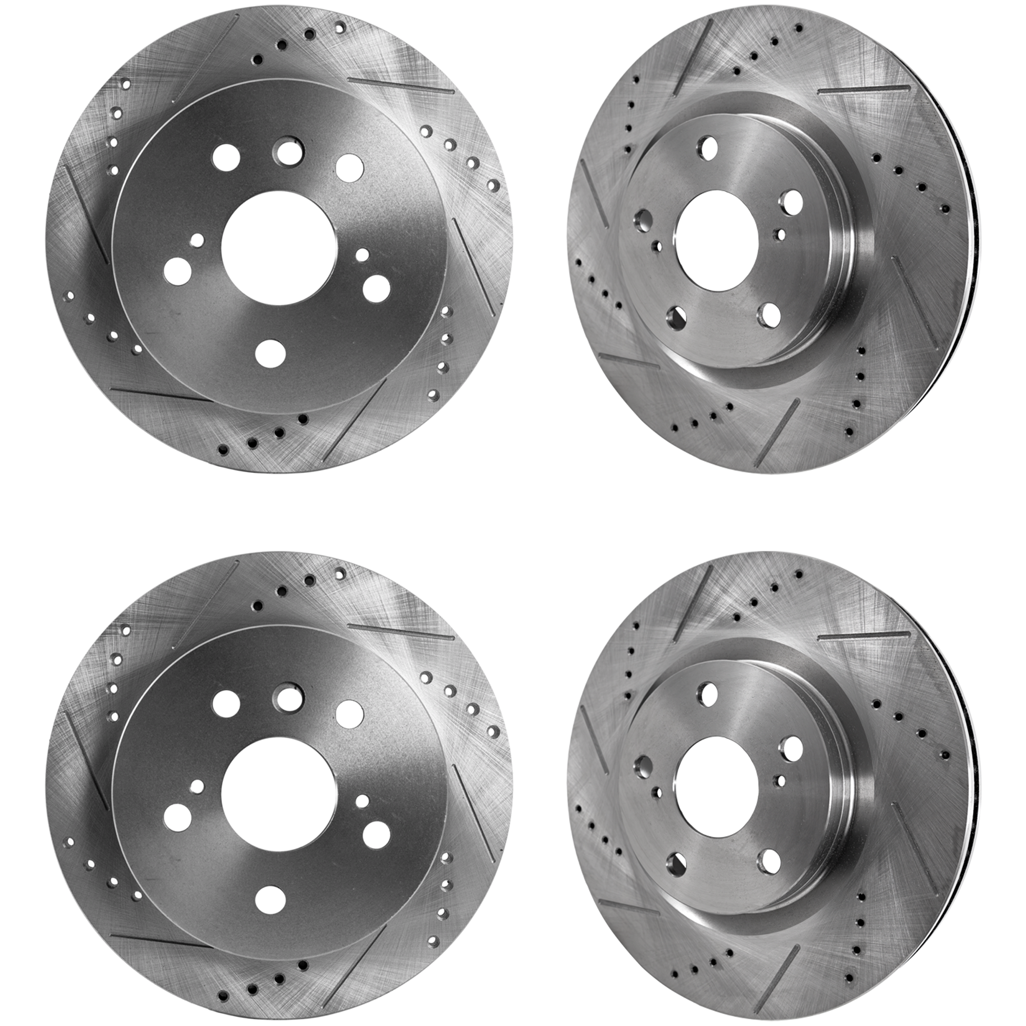 AM CAMRY 12-17 ES300H ES350-13-18 FRONT AND REAR BRAKE DISC RH AND LH 4 Wheel Set Cross drilled and Slotted SKU SETJT27110045DRS4A OEM 31434-31551-44582-44748-145713
