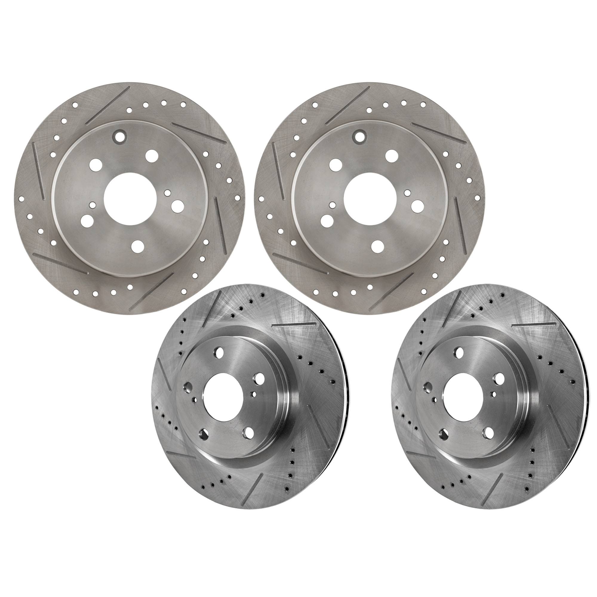 AM RAV4-06-18 FRONT AND REAR BRAKE DISC RH AND LH 4 Wheel Set Cross drilled and Slotted SKU SETJT27110045DRS4B OEM 31434-31551-44582-44748-145713