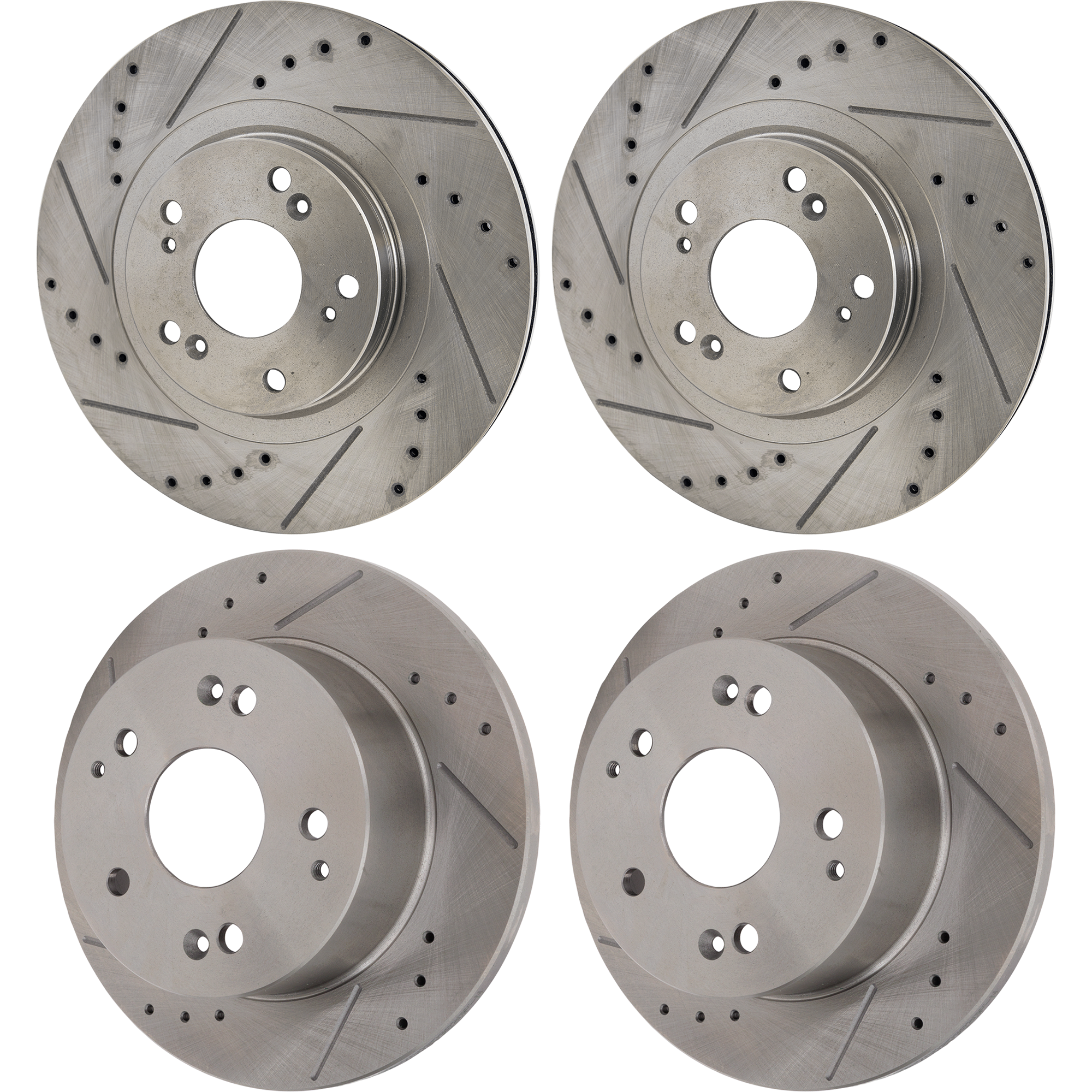 AM RSX 02-06 FRONT AND REAR BRAKE DISC RH AND LH 4 Wheel Set Cross drilled and Slotted SKU SETSTPA27110036DRS4A OEM 19-373-313-473-138-100-000-000-000