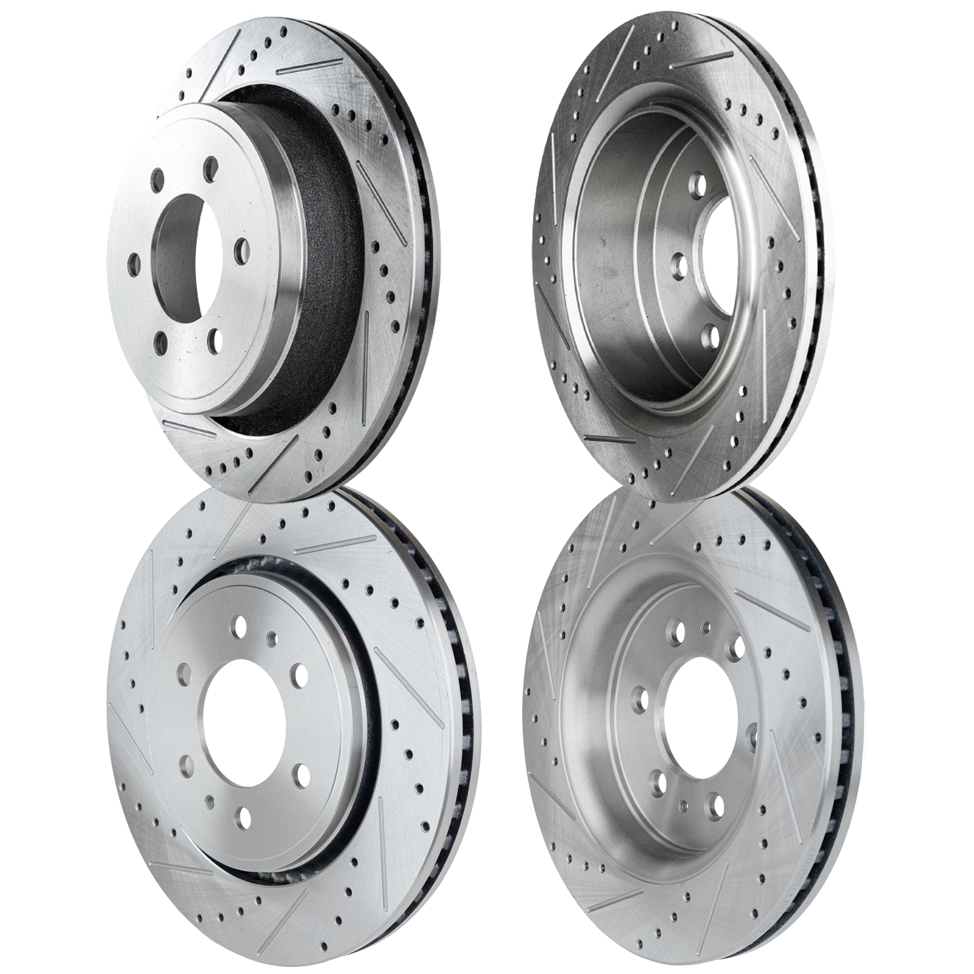 AM F 150-12-20 FRONT AND REAR BRAKE DISC RH AND LH 4 Wheel Set Cross drilled and Slotted SKU SETSTPF27110040DRS4C OEM 42-251-541-536-041-000-000-000-000