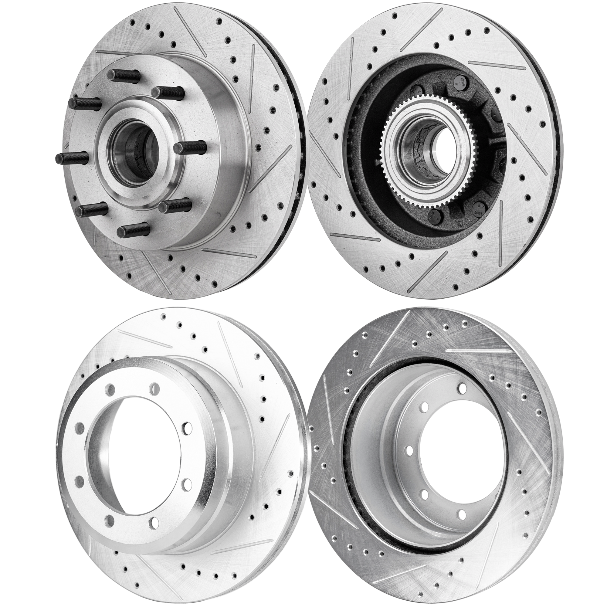 AM F 350 SUPER DUTY 07-12 FRONT AND REAR BRAKE DISC RH AND LH 4 Wheel Set Cross drilled and Slotted SKU SETSTPF27110120DRS4B OEM 42259-54160-60411-850066-90036