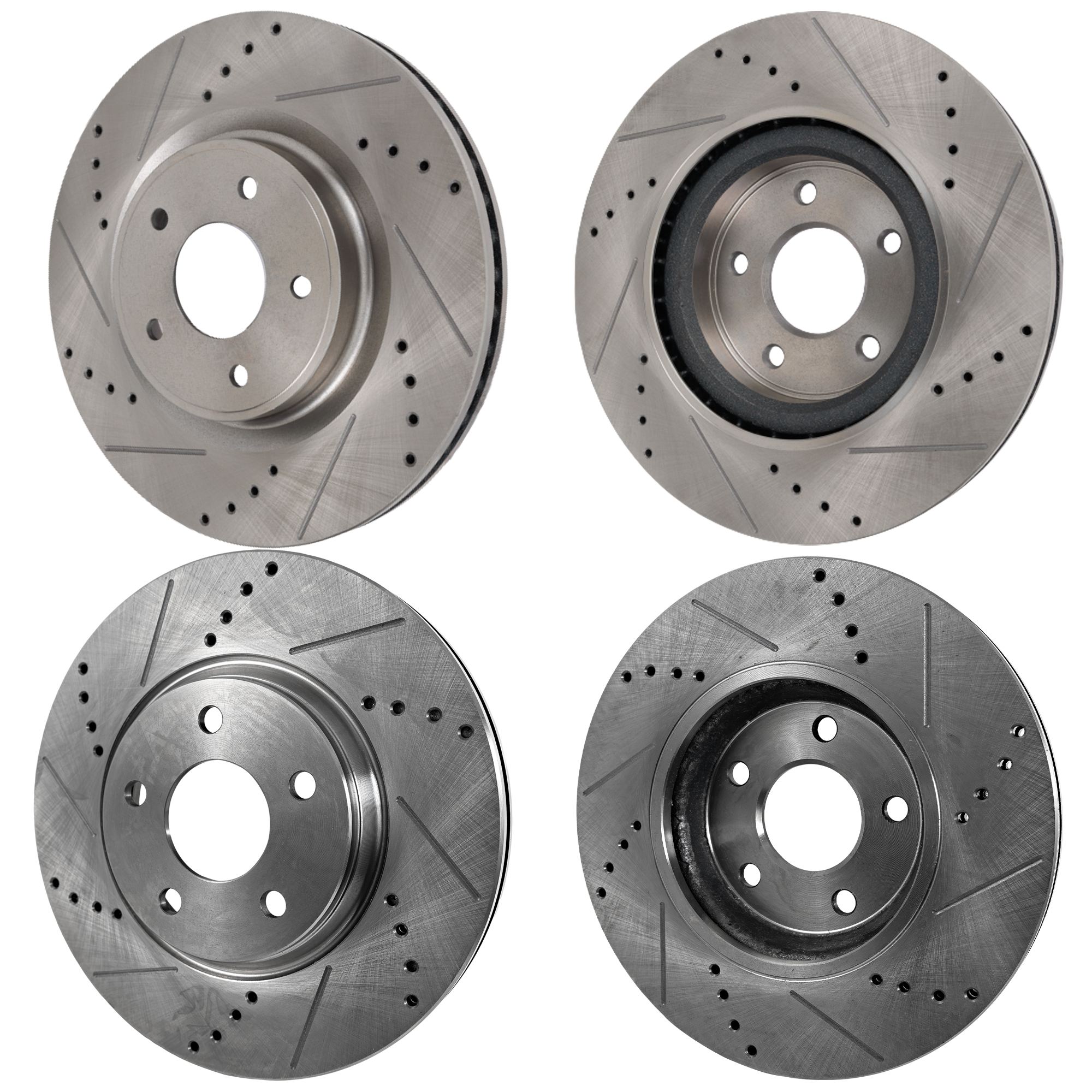 AM Q50-14-17 Q60-17-17 FRONT AND REAR BRAKE DISC RH AND LH 4 Wheel Set Cross drilled and Slotted SKU SETSTPN27110038DRS4A OEM 31348-145537-0832970-980155-48