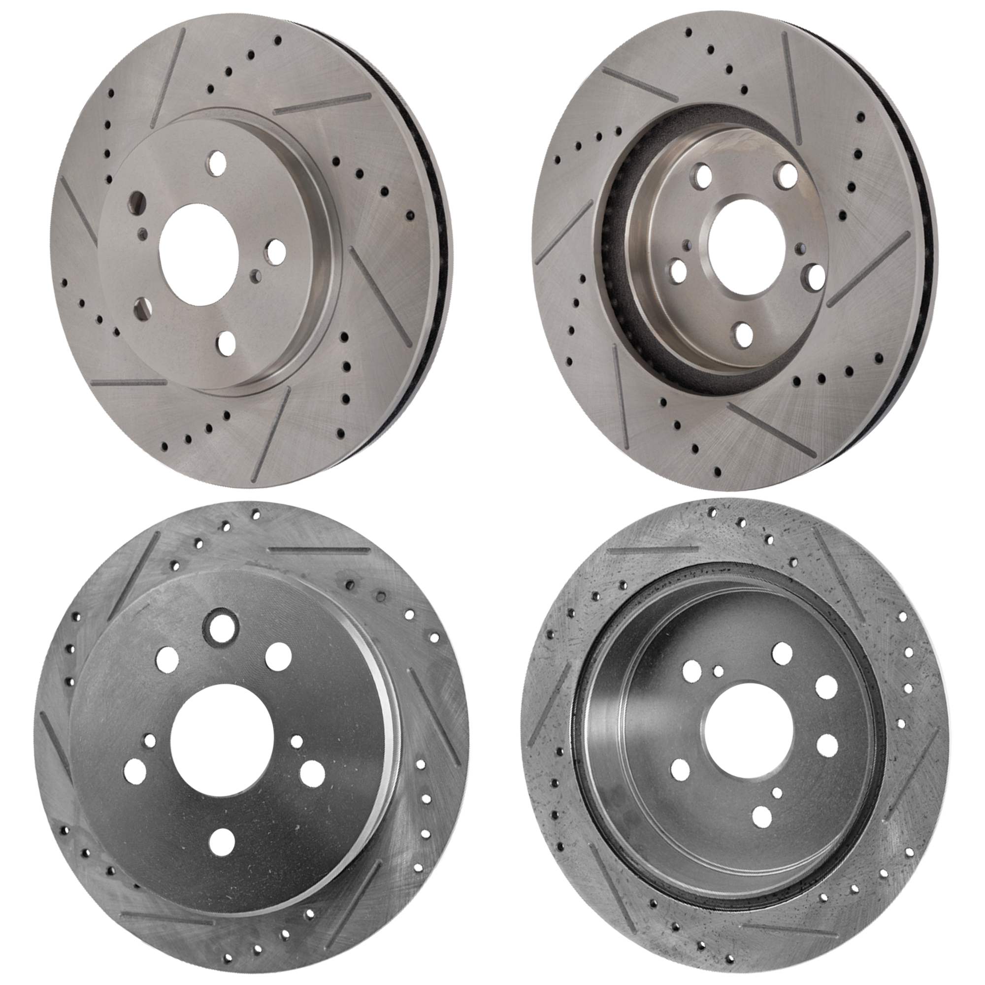AM IS250-06-15 FRONT AND REAR BRAKE DISC 4 Wheel Set Cross drilled and Slotted SKU SETSTPT27110008DRS4A OEM 19380-31314-31451-44627-145471