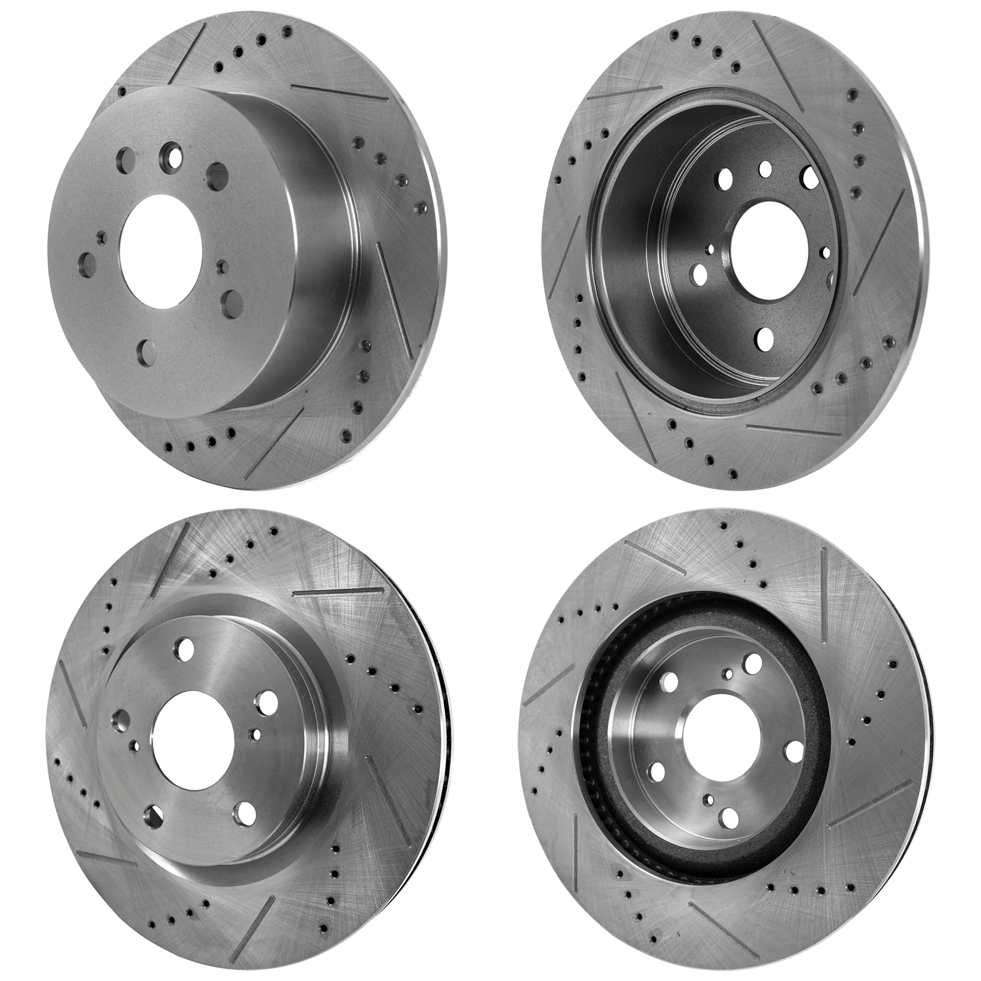AM CAMRY 12-17 ES350-13-18 FRONT AND REAR BRAKE DISC RH AND LH Cross drilled and Slotted Vented Front Solid Rear 5 Lugs SKU SETSTPT27110045DRS4A OEM 31434-31551-44582-44748-145713