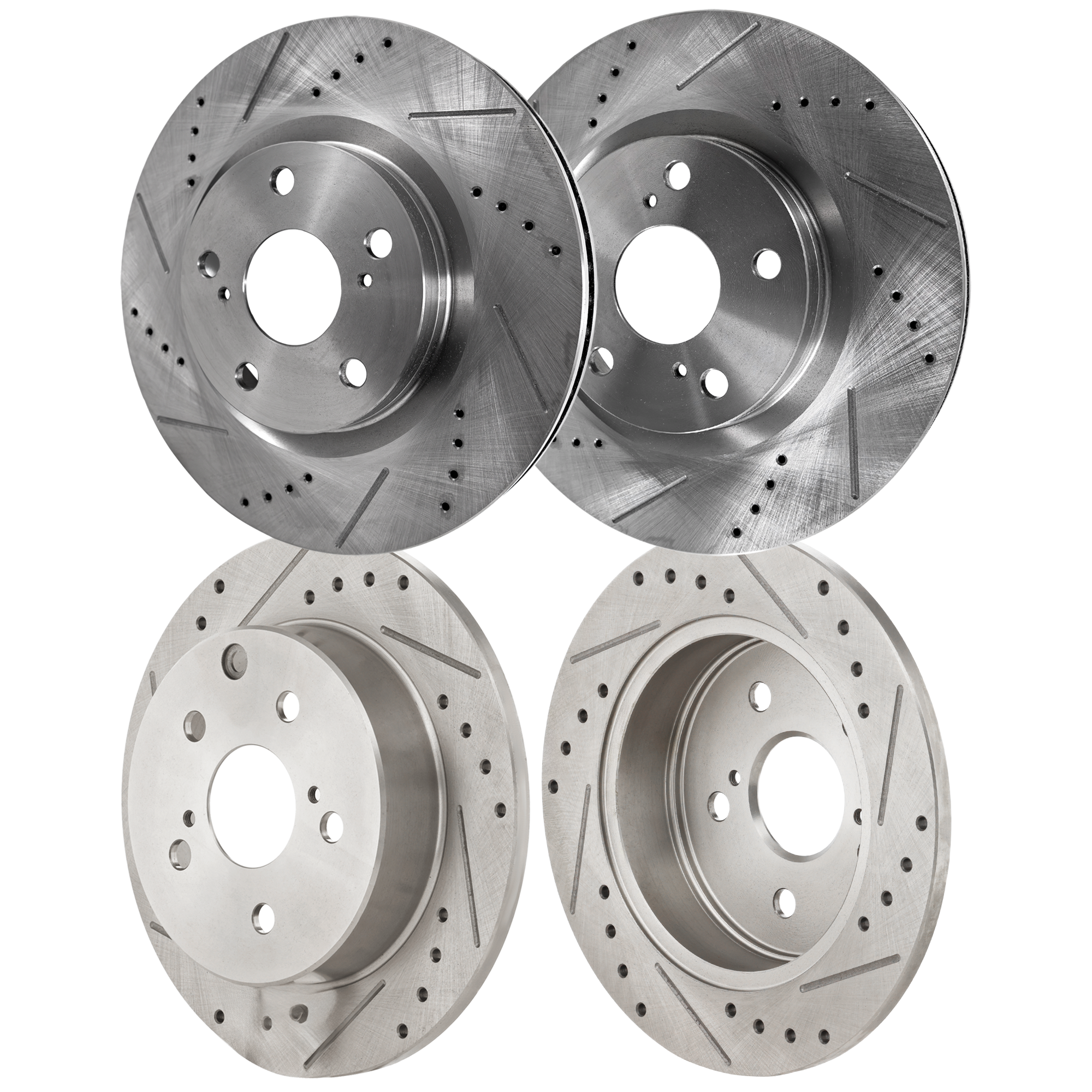 AM RAV4-06-18 FRONT AND REAR BRAKE DISC RH AND LH Cross drilled and Slotted Vented Front Solid Rear 5 Lugs SKU SETSTPT27110045DRS4B OEM 31434-31551-44582-44748-145713