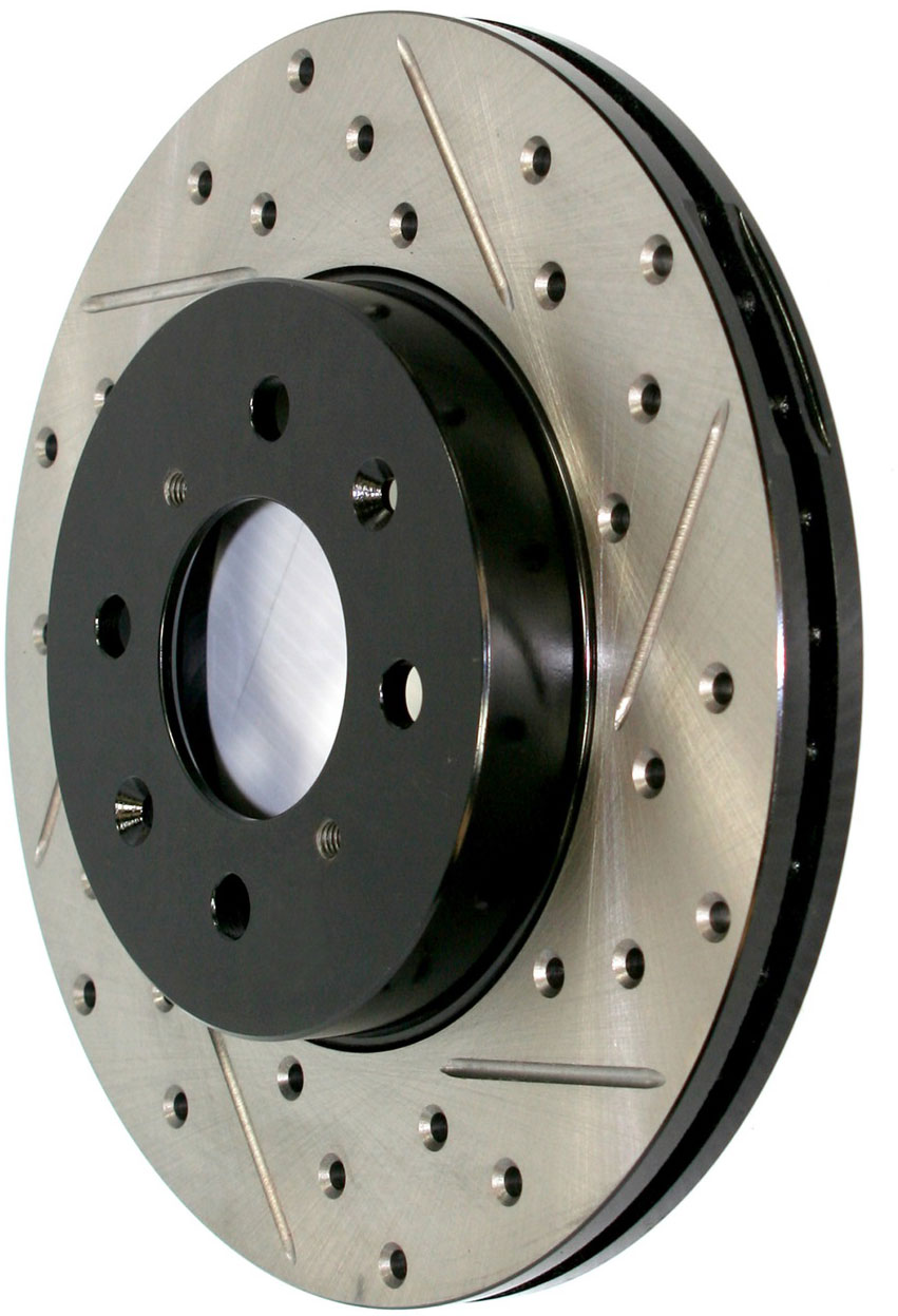 AM StopTech Sport Rotors Drilled And Slotted Front Left Drilled Slotted Helps Evacuate Gasses Dust Heat Directional Curve Vane Designs On Selected Apps Power Alloy Is Descendant Of Patented AeroRotor B SKU ST112765119L
