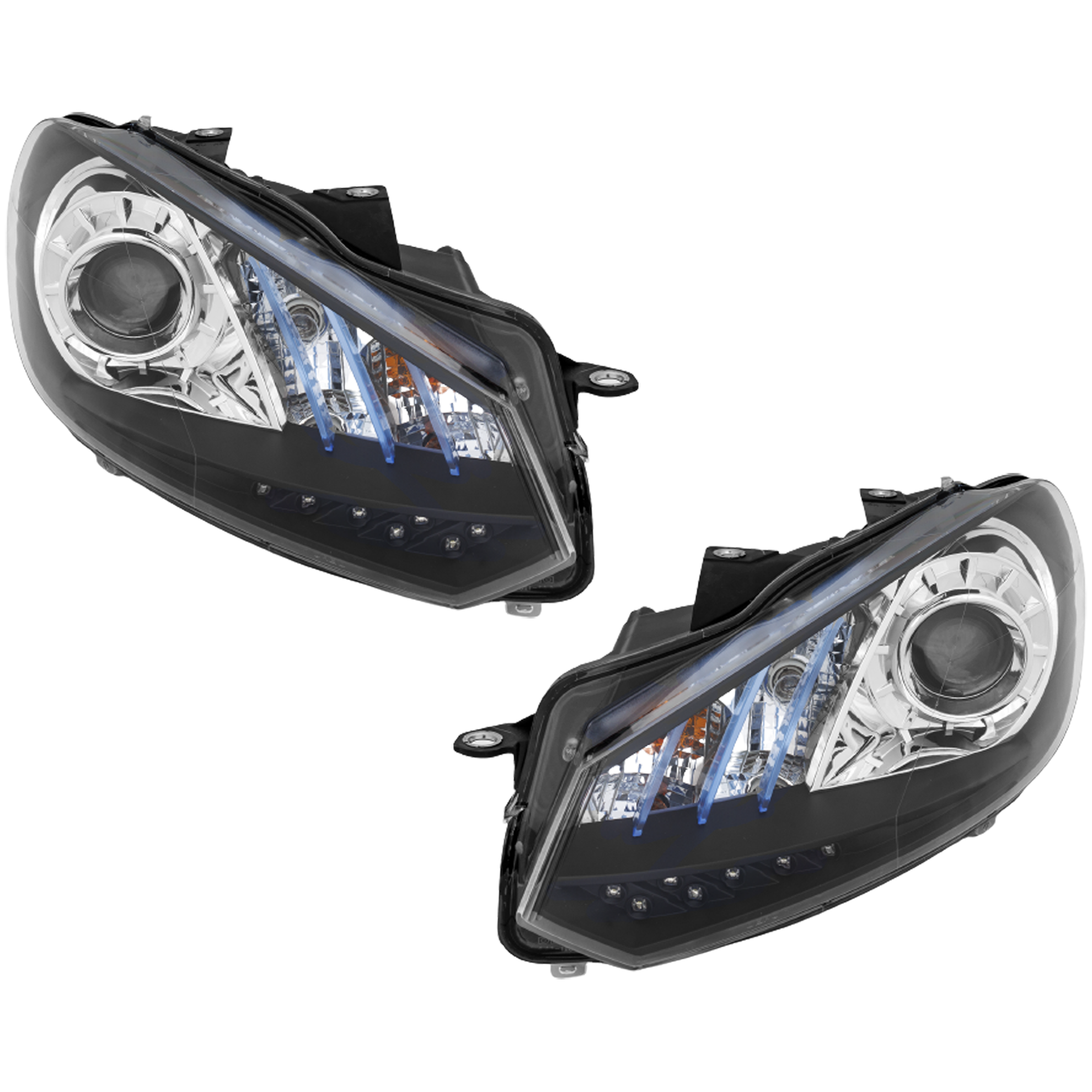 AM GOLF 10-11 PROJECTOR HEAD LAMP RH AND LH Assembly Black Interior w LED Accent Light SKU VW1011PHL1 Partslink VW2505109 OEM Performance