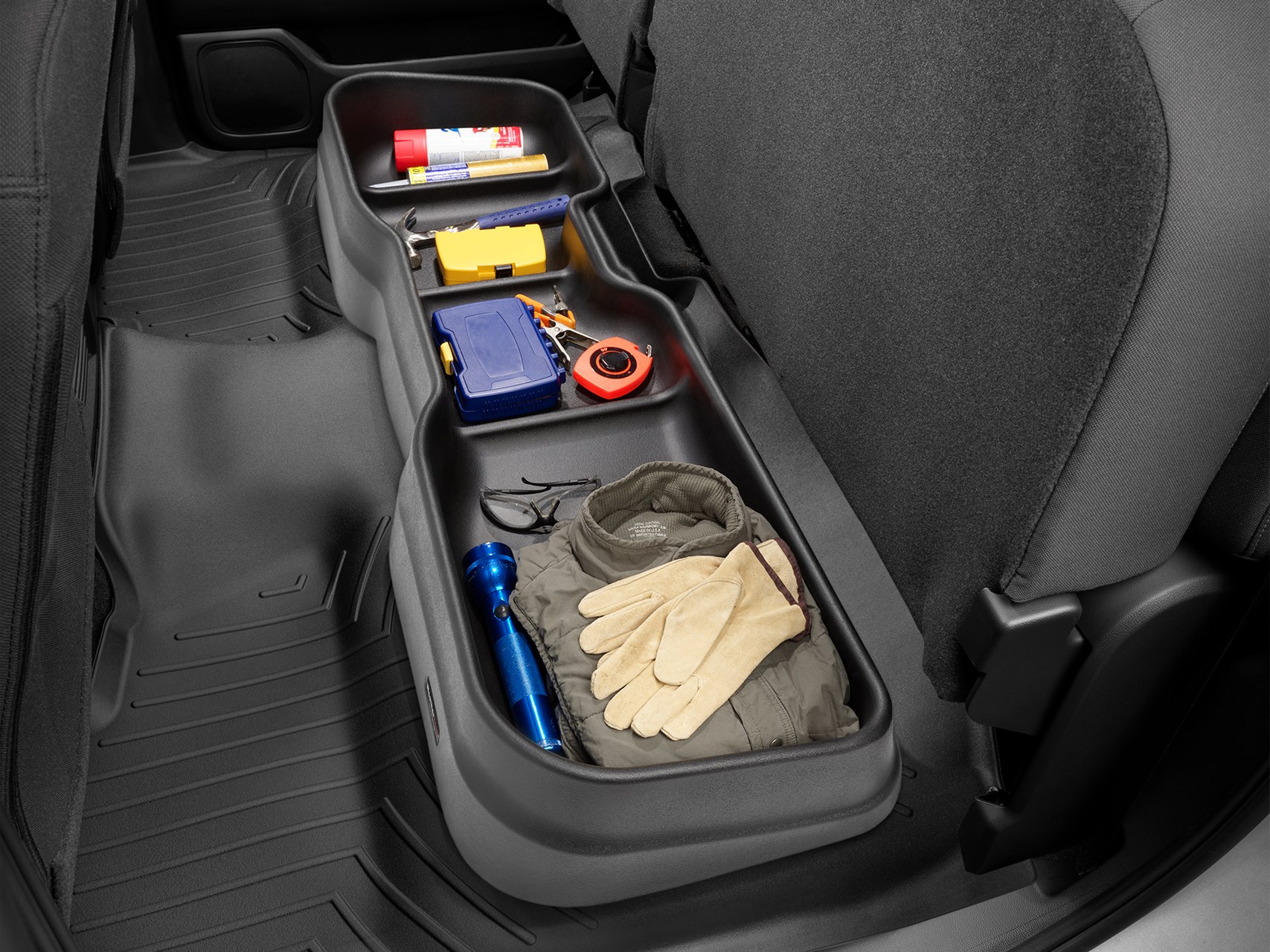 AM Black Underseat Storage System 2019 + Dodge Ram Truck 1500 Crew Cab Optional Rear Underseat Compartment Storage should be removed for best fit. SKU W244S007