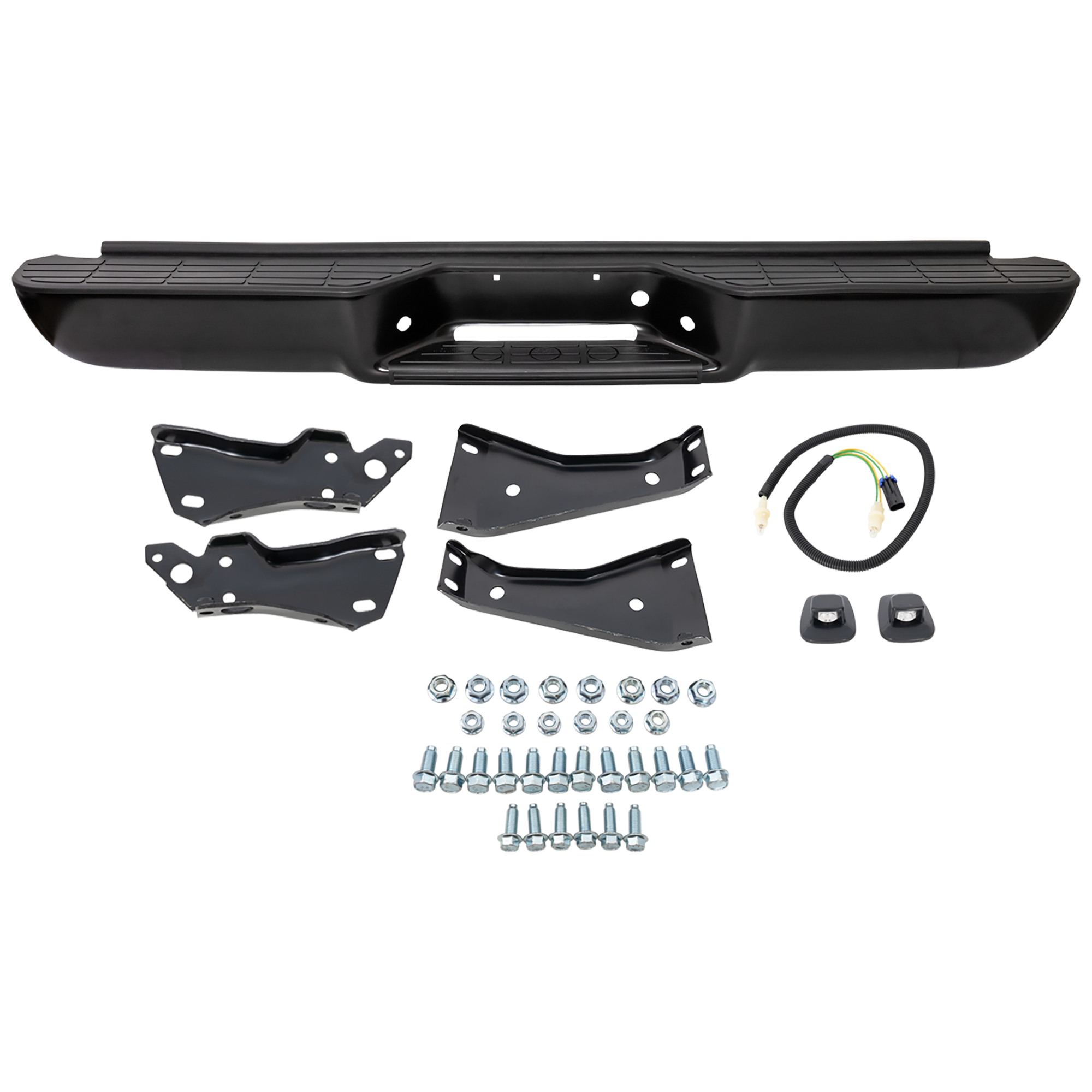AM C K SERIES P U 88-00 STEP BUMPER FACE BAR AND PAD w Pad Provision w o Mounting Bracket Powdercoated Black w o Impact Strip Holes Fleetside SKU WE 32000 Partslink GM1101110 OEM 15025374 PFM