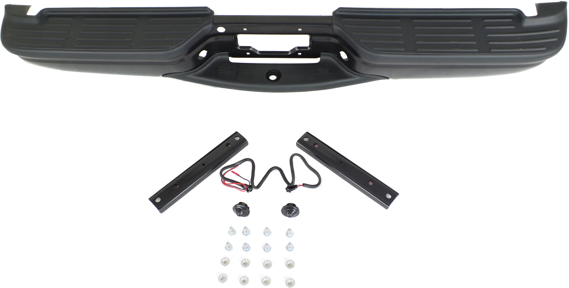 AM F SERIES SUPER DUTY 99-07 STEP BUMPER FACE BAR AND PAD w Pad Provision w Mounting Bracket Powdercoated Black Fleetside Regular Cab SuperCab 03-07 w o Rear Object Sensor Holes w Brackets SKU WE 32003 Partslink FO1101121 OEM 2C3Z17906DA PFM