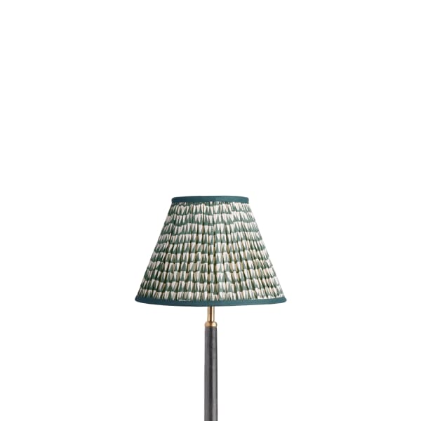 10 inch Empire shade for cordless lamps in Savannah block printed cotton in Teal with Inky Black Tape