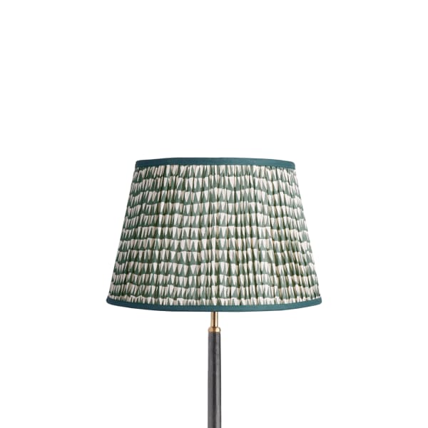 14 inch straight empire shade for cordless lamps in savannah block printed cotton in Teal with Inky Black Tape