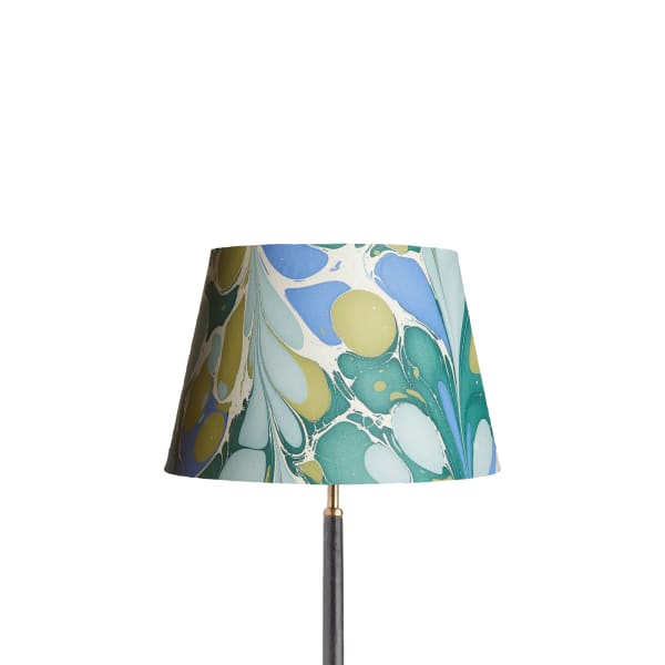 14 inch straight empire shade for cordless lamps in hand made marbled paper in green and blue roya