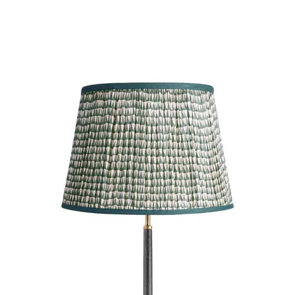 16 inch straight empire shade for cordless lamps in savannah block printed cotton in Teal with Inky Black Tape
