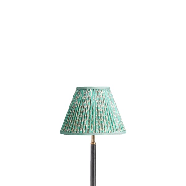 10 inch empire shade for cordless lamps in aqua block printed Dotty gathered cotton by GP & J Baker