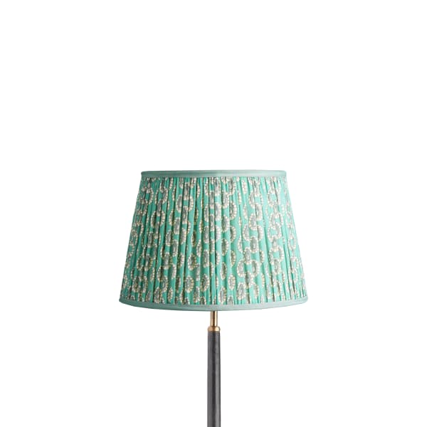 12 inch straight empire reversible gimbal shade in aqua block printed Dotty gathered cotton by GP & J Baker