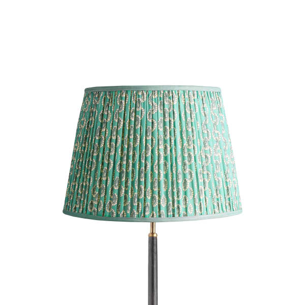 16 inch straight empire reversible gimbal shade in aqua block printed Dotty gathered cotton by GP & J Baker