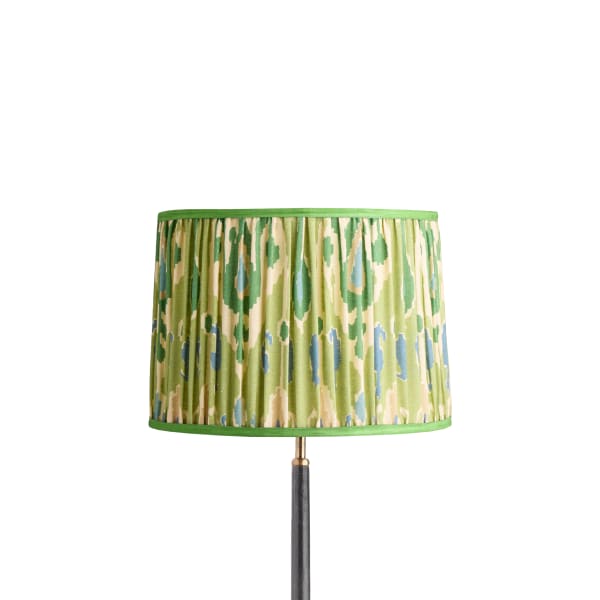 14 inch tapered drum reversible gimbal shade for cordless in green blue Bokhara gathered linen by GP & J Baker