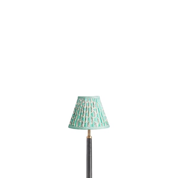 6 inch empire shade for cordless lamps in aqua block printed Dotty gathered cotton by GP & J Baker