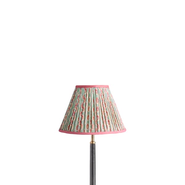 10 inch empire shade for cordless lamps in aqua pink block printed Dotty gathered cotton by GP & J Baker