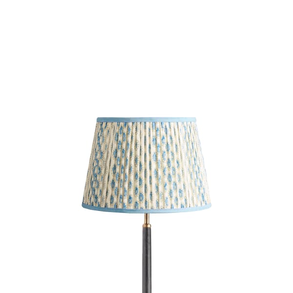 12 inch straight empire reversible gimbal shade in blue and white block printed Dotty gathered cotton by GP & J Baker