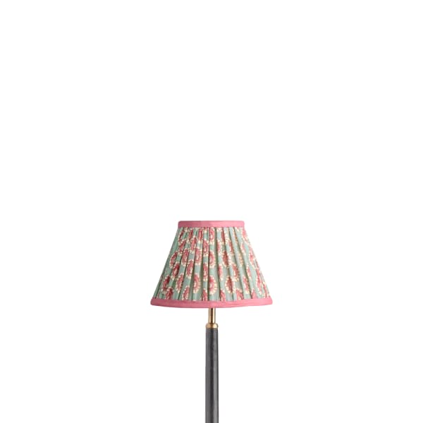 8 inch empire shade for cordless lamps in aqua pink block printed Dotty gathered cotton by GP & J Baker
