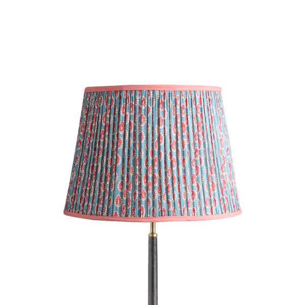 16 inch straight empire reversible gimbal shade in blue and red block printed Dotty gathered cotton by GP & J Baker